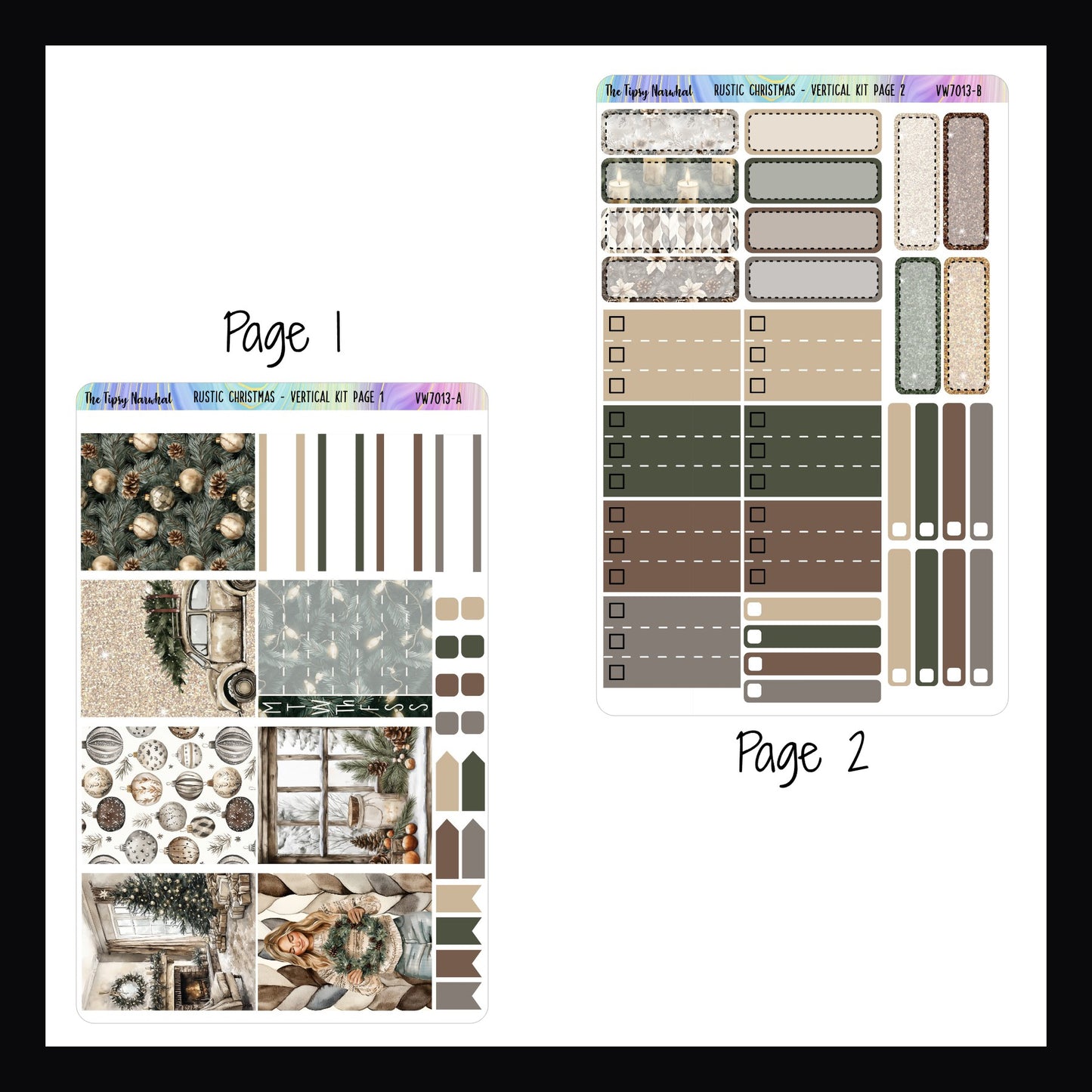 Rustic Christmas Vertical Kit Pages 1 and 2.  Page 1 features full box decor, a weekly sticker, page flags, check boxes and some quarter boxes.  Page 2 features quarter box stickers, skinny check stickers and top 3 priority boxes. 