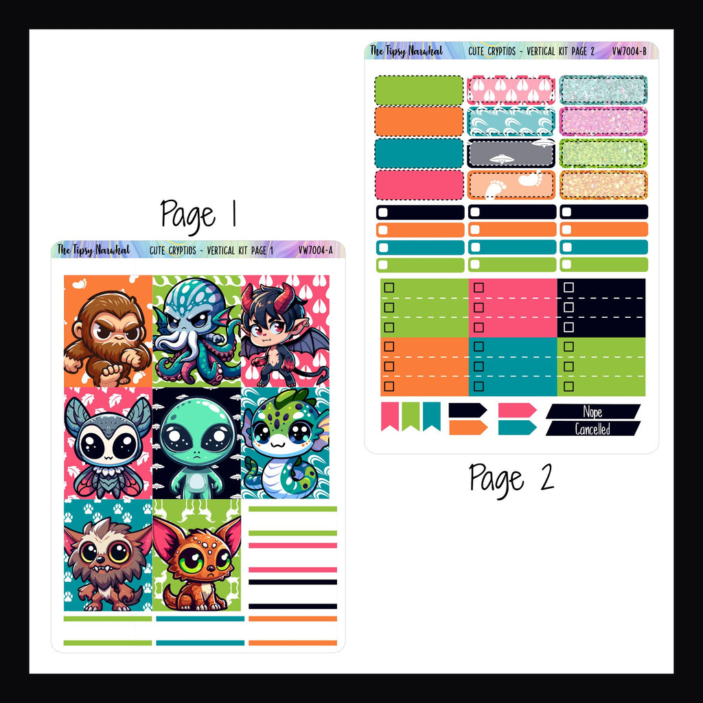 Digital Cute Cryptids Vertical Weekly Kit pages 1 and 2. Page 1 features full deco boxes and some quarter boxes. Page 2 features quarter boxes, skinny check boxes, three point checklists and page flags. 