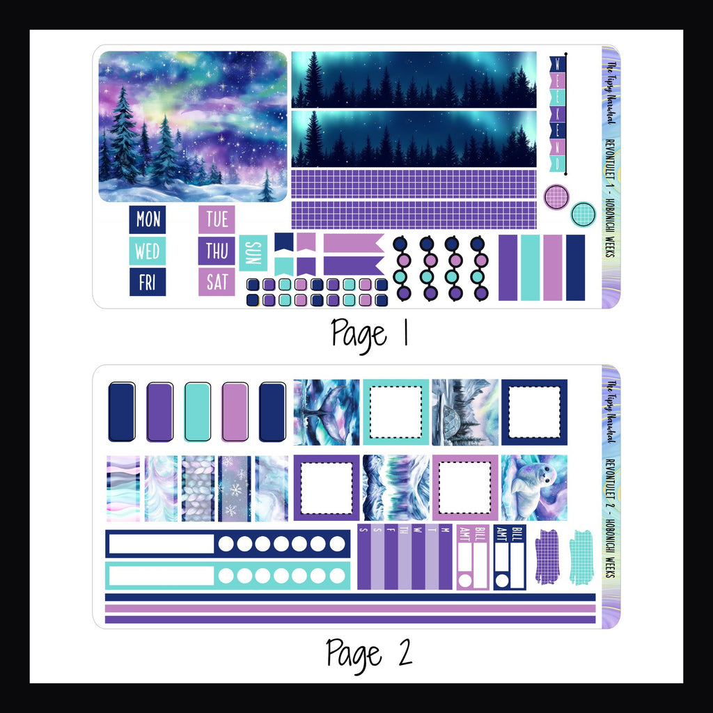 Revontulet Hobonichi Weeks Kit pages 1 and 2 shown on a white background.