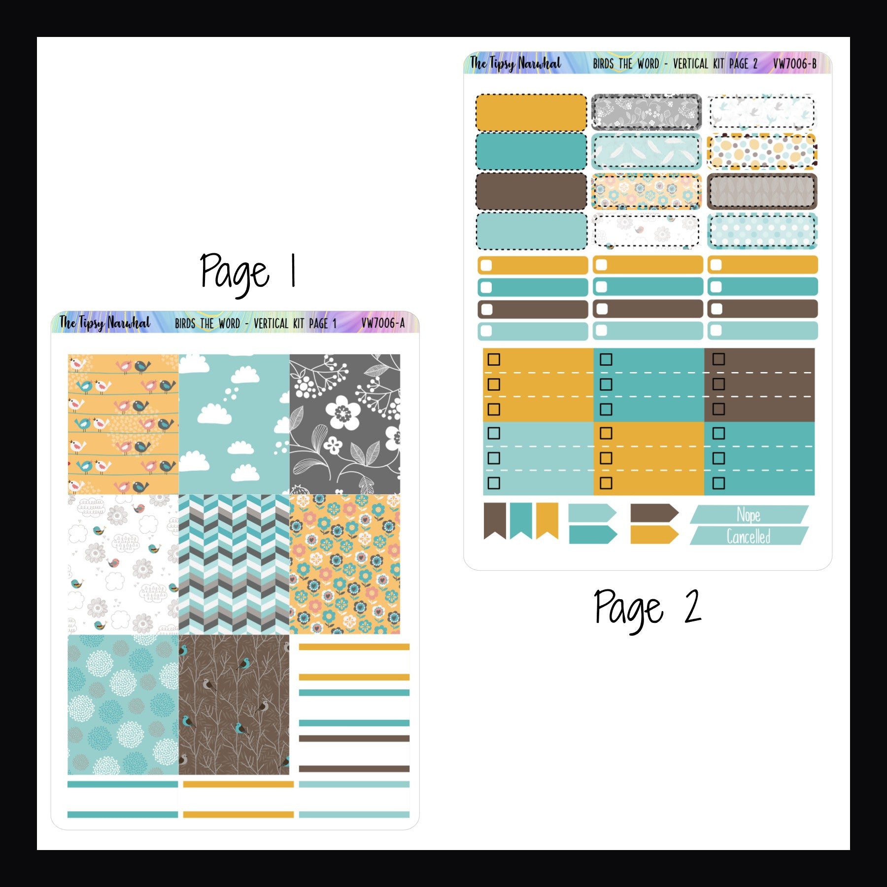 Digital Birds the Word Vertical Kit pages 1 and 2.  Page 1 features full box decor and some quarter boxes.  Page 2 features quarter boxes, skinny check boxes, priority checklists, page flags and cancel stickers. 