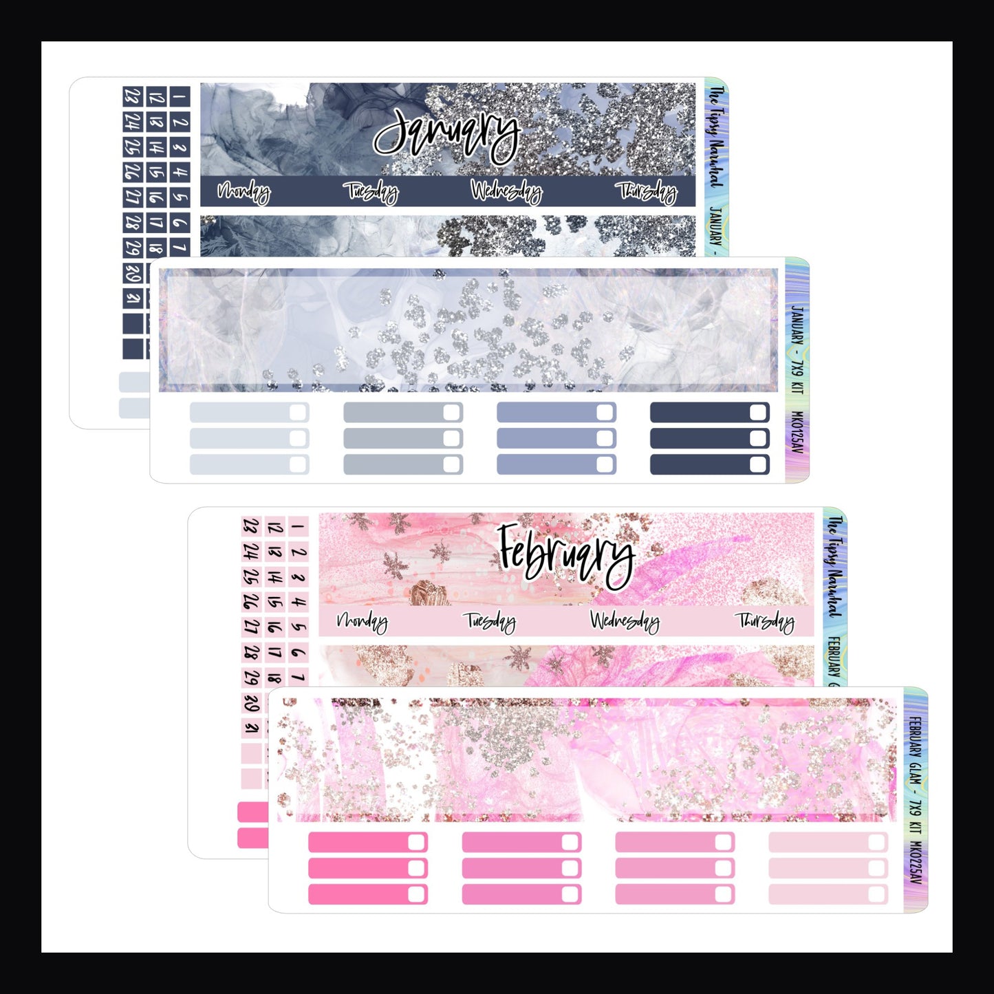 January and February Glam Monthly Kits for 7x9 vertical planners.  January features an ice blue color palette with a silver glitter accent.  February features a candy pink color palette with a gold glitter accent. 