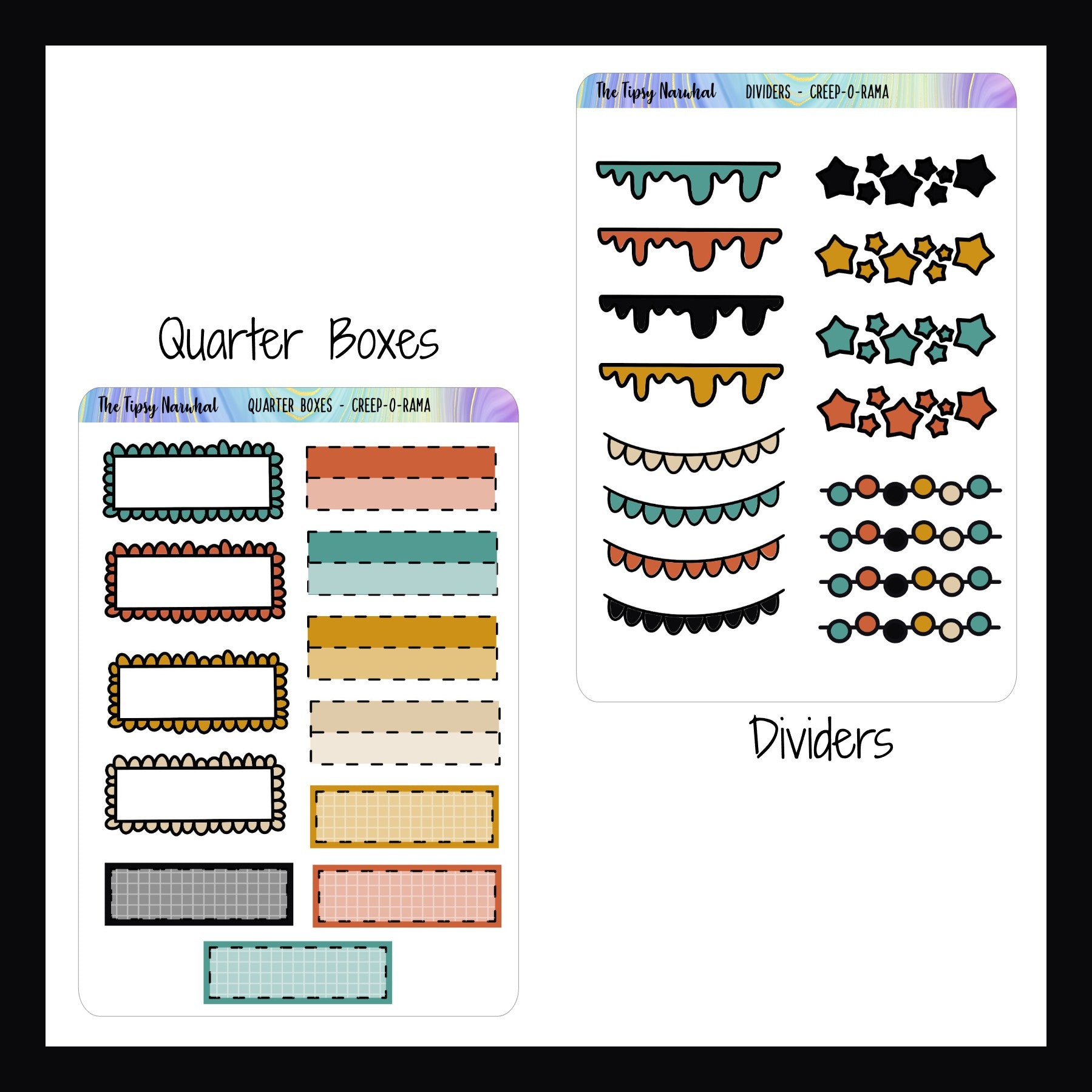 Creep-O-Rama quarter box sheet and dividers sheet shown on a white background. 