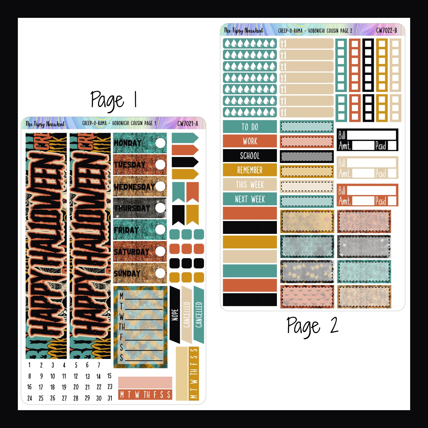 Creep-O-Rama Hobonichi Cousin Kit pages 1 and 2 shown on a white background.