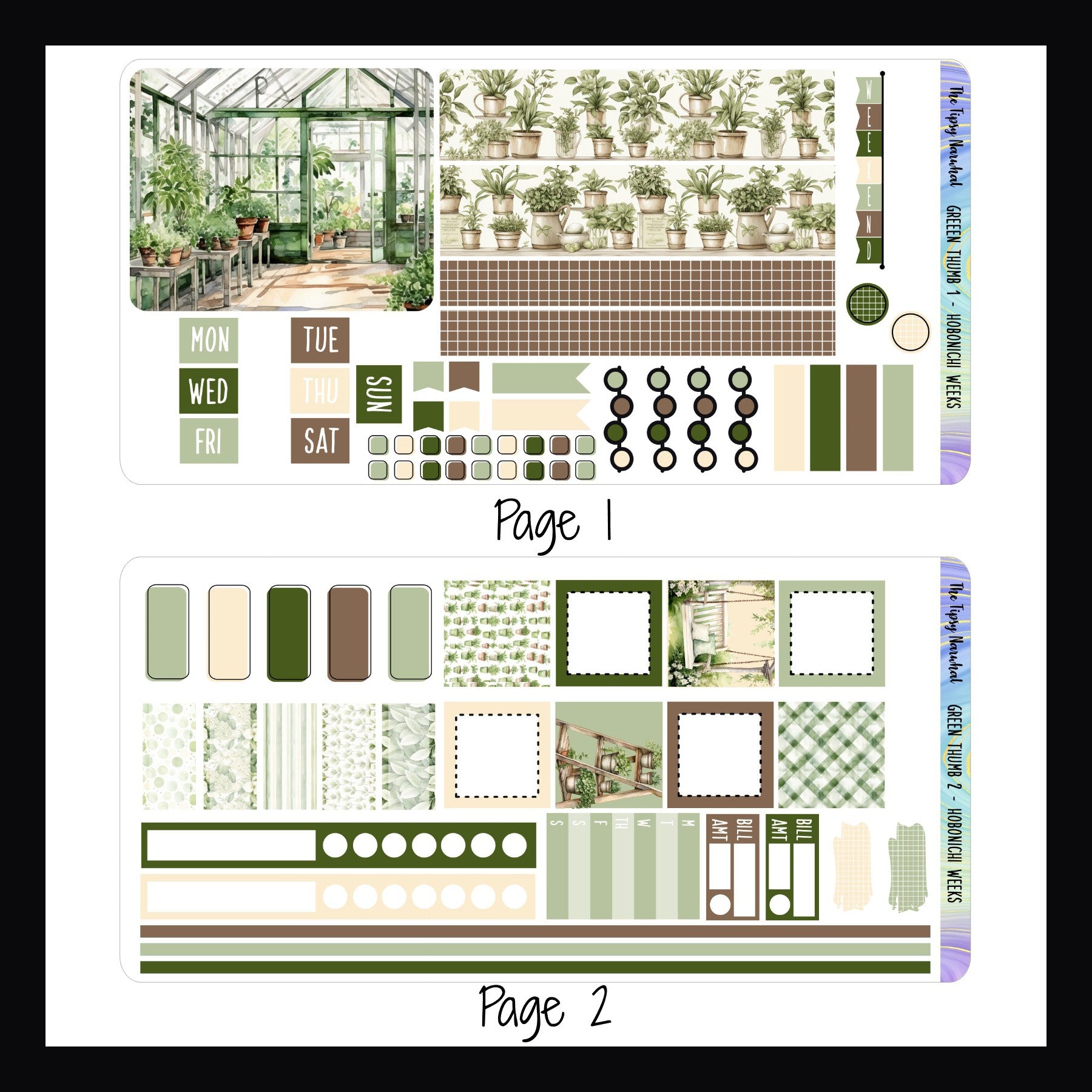 Green Thumb Hobonichi Weeks Kit pages  1 and 2.  Page 1 features a large deco sticker, washi, weekend banner, date covers, headers, page flags and check lists.  Page 2 features square boxes, habit trackers, a weekly sticker, bill tracking stickers, skinny washi and small box stickers.