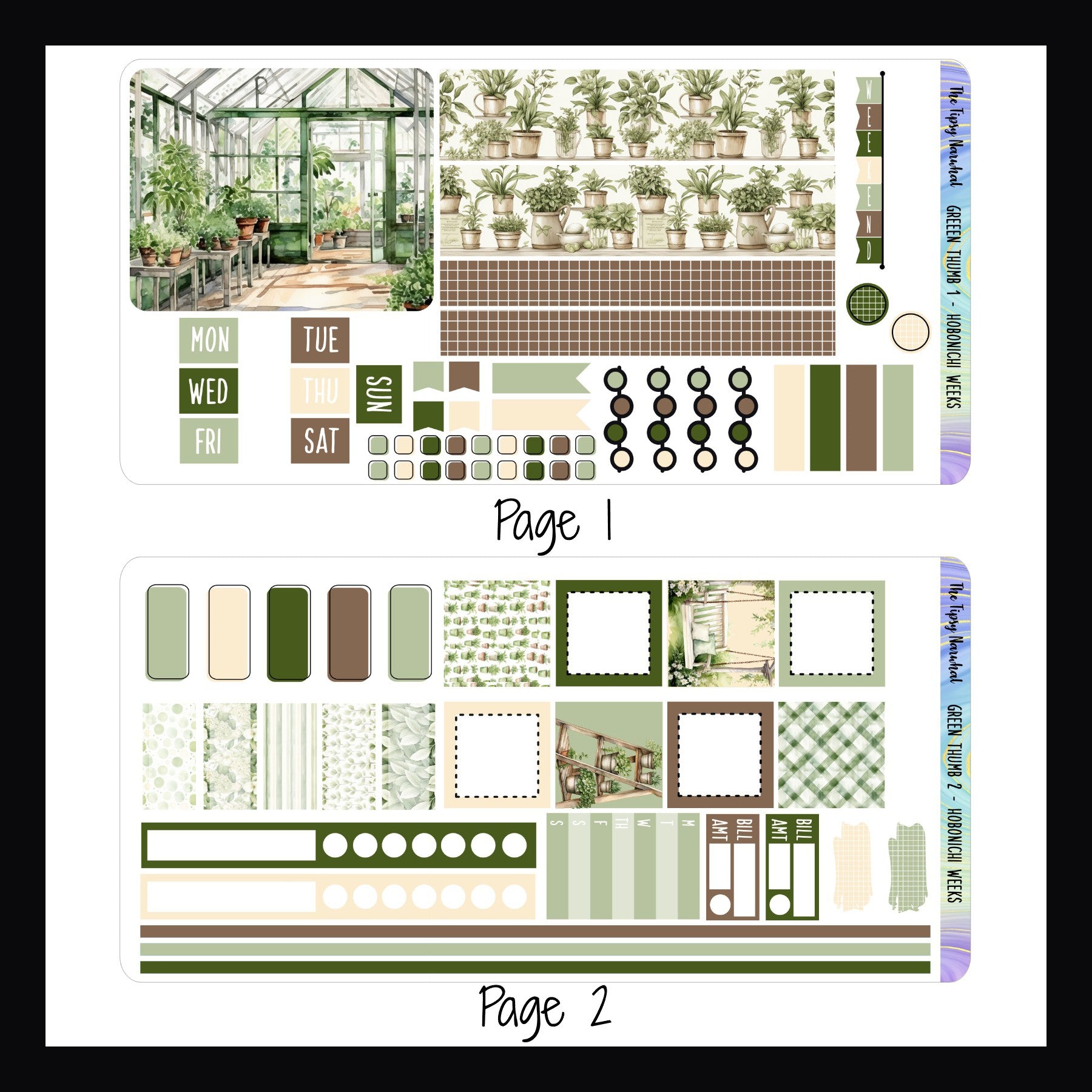 Green Thumb Hobonichi Weeks Kit pages  1 and 2.  Page 1 features a large deco sticker, washi, weekend banner, date covers, headers, page flags and check lists.  Page 2 features square boxes, habit trackers, a weekly sticker, bill tracking stickers, skinny washi and small box stickers. 