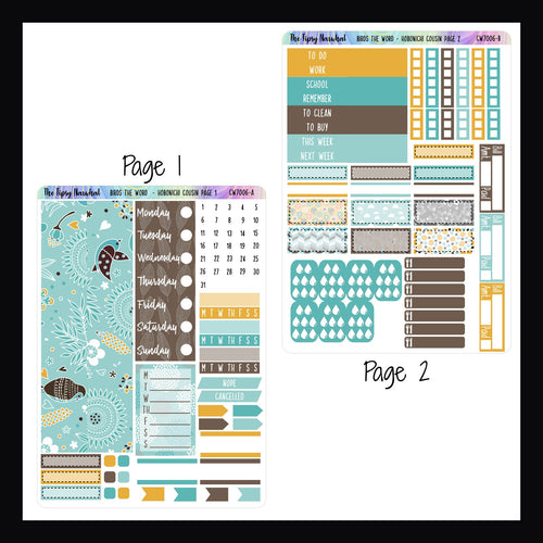 Birds the Word Hobonichi Cousin Kit Pages 1 and 2. Page 1 features washi strips, habit trackers, date covers and a weekly sticker.  Page 2 features headers, checklists, appointment stickers, water and meal tracking stickers. 