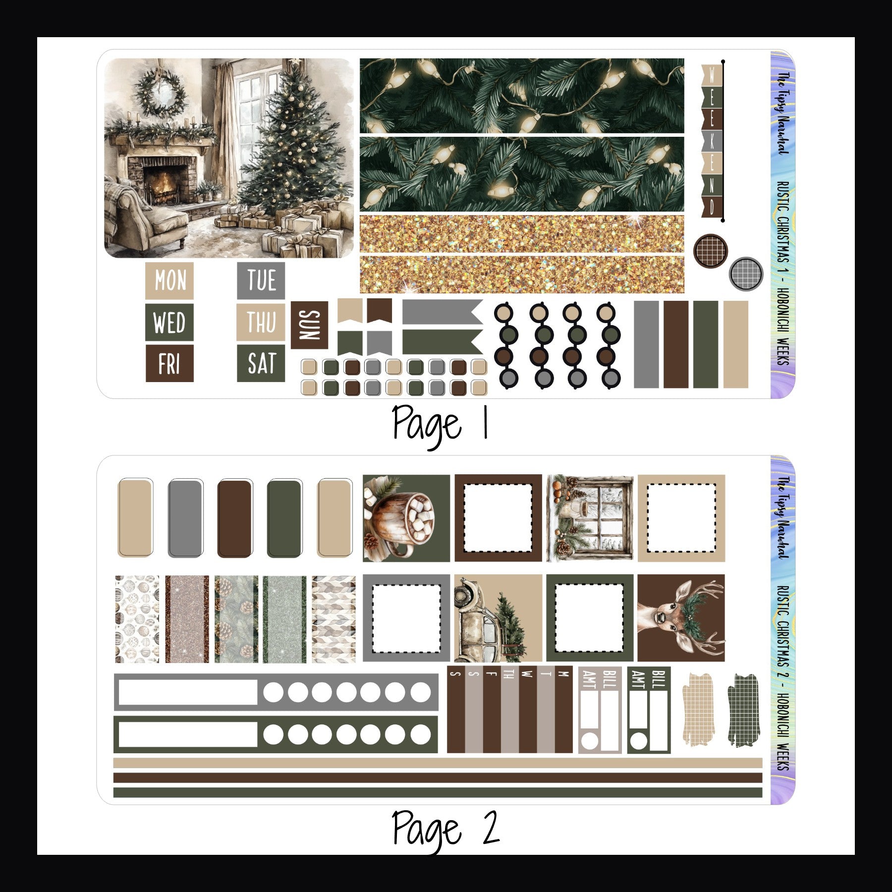 Rustic Christmas Hobonichi Weeks Kit Pages 1 and 2.  Page one features washi, a large deco box, date covers, headers, page flags and checklists.  Page 2 features square box stickers, various appointment stickers a weekly sticker, habit trackers  and skinny washi. 
