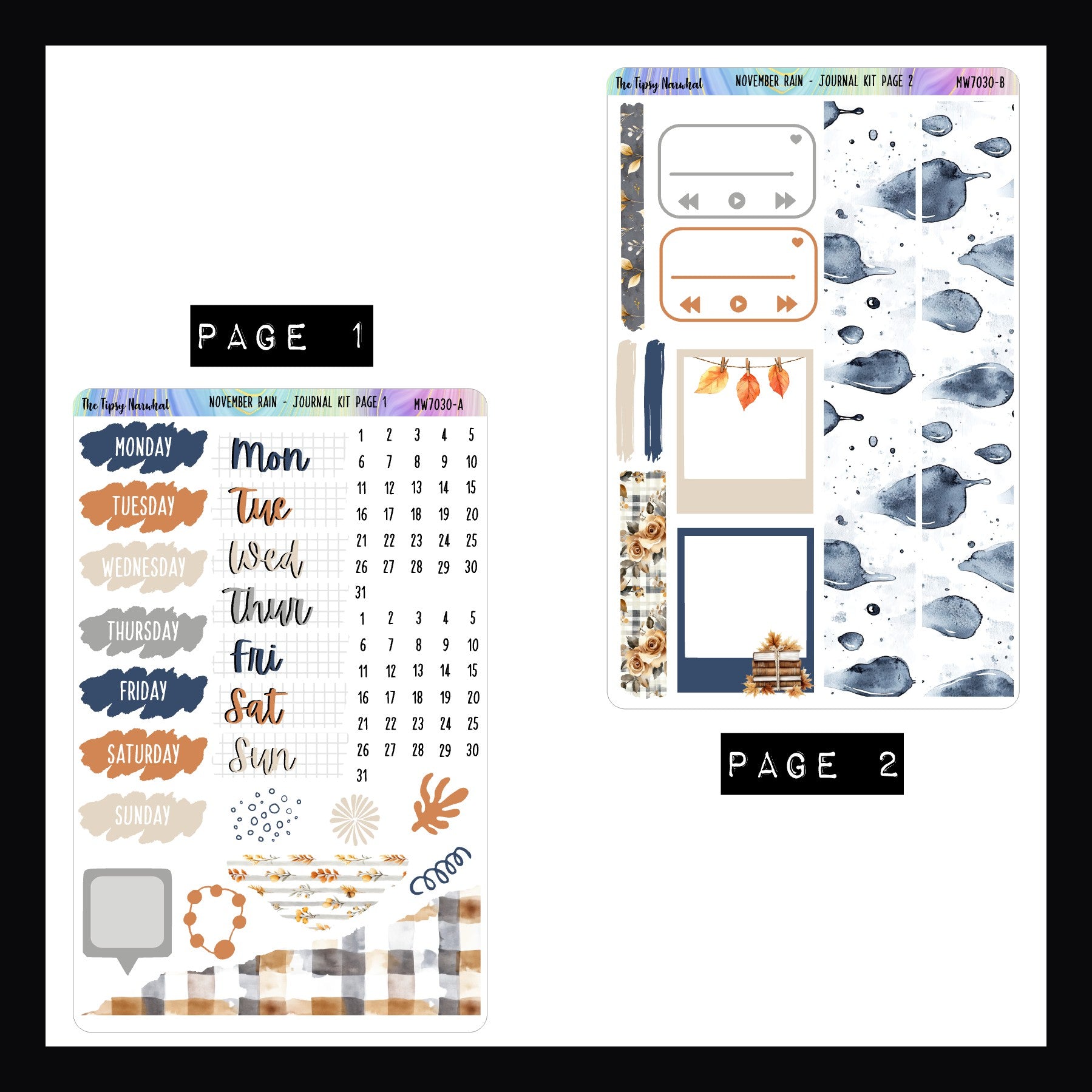 November Rain Journal Sticker Kit pages 1 and 2. Page 1 features date cover stickers and some decorative elements. Page 2 features washi stickers, and polaroid frame stickers. 