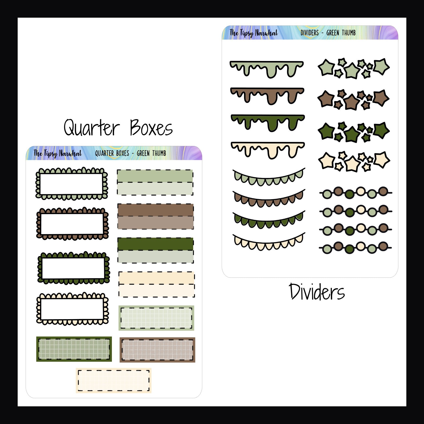 Green Thumb Kit Matching Functional Sheets the quarter boxes sheet features 12 quarter boxes in 3 different styles.  The Dividers sheet features 16 divider stickers in 4 different styles. 