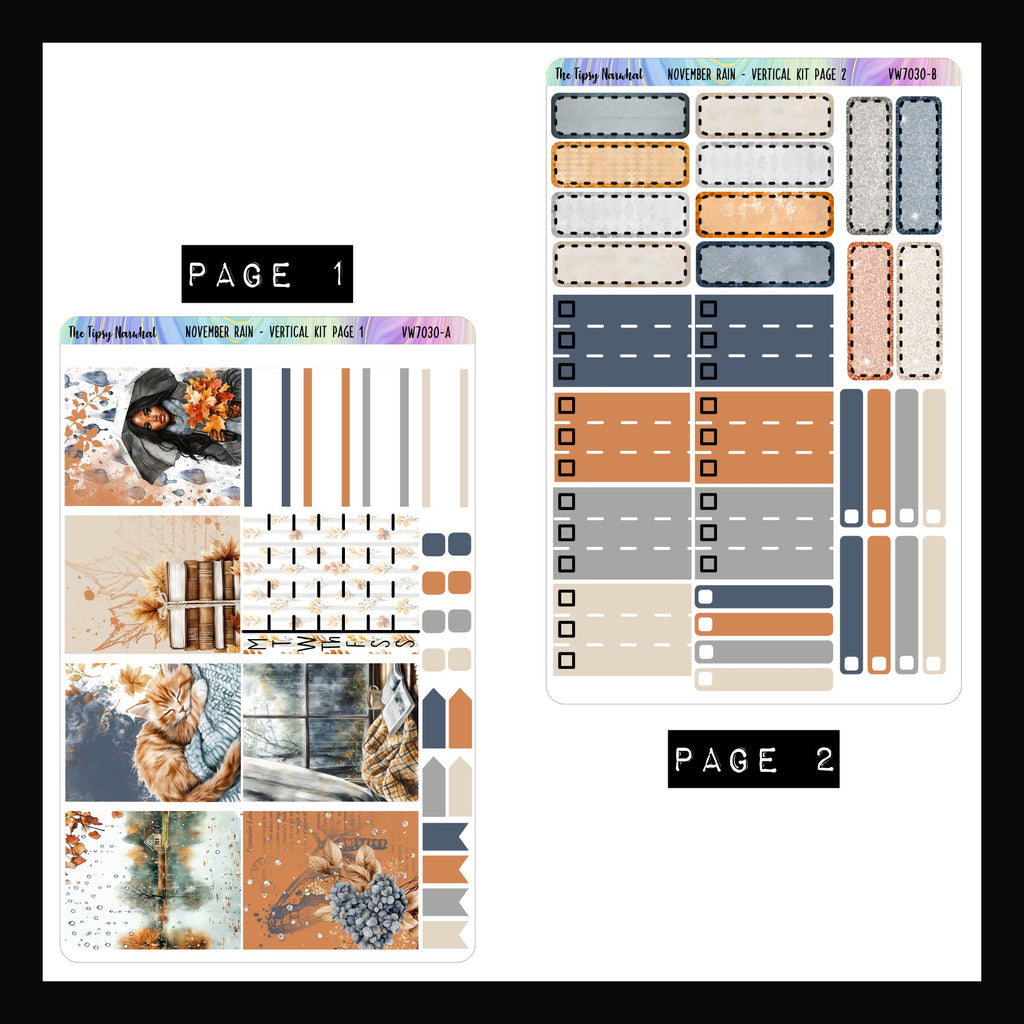 November Rain Vertical Weekly Sticker Kit Pages 1 and 2.  Page 1 features full size decor boxes, page 2 features a mix of quarter boxes and top 3 checklist stickers.