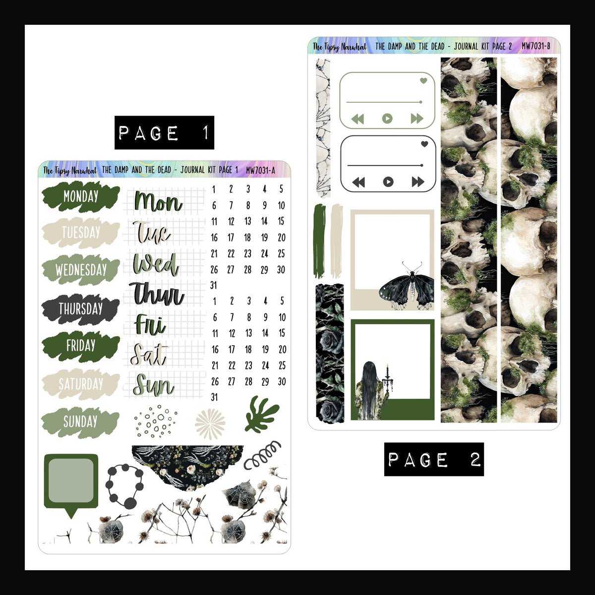 The Damp and The Dead Journal Sticker Kit pages 1 and 2.  Page 1 features date covers, ripped style stickers, and scribble stickers.  Page 2 features washi, playlist stickers, and polaroid frame stickers.
