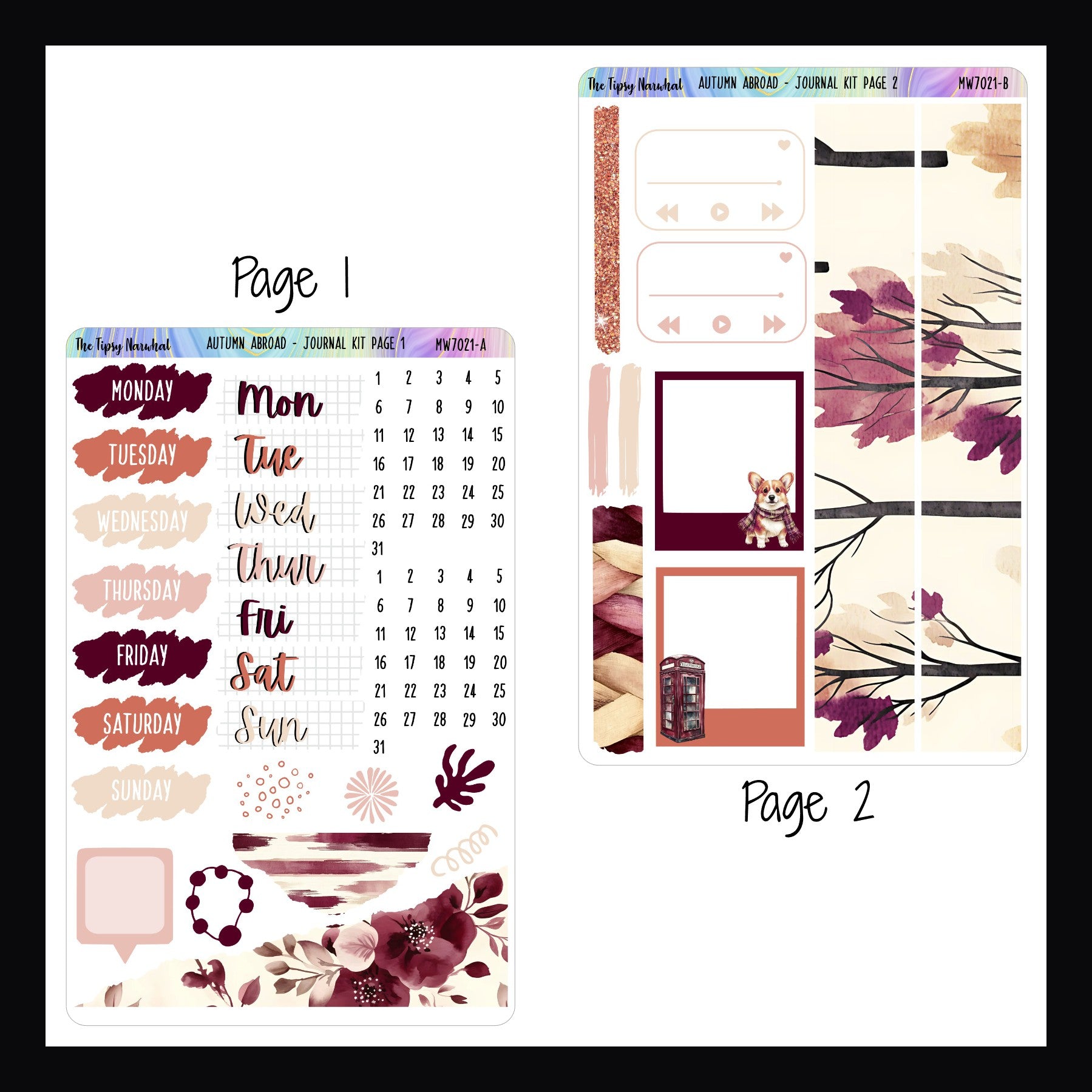 Autumn Abroad Journal kit paged 1 and 2 shown on a white background. 