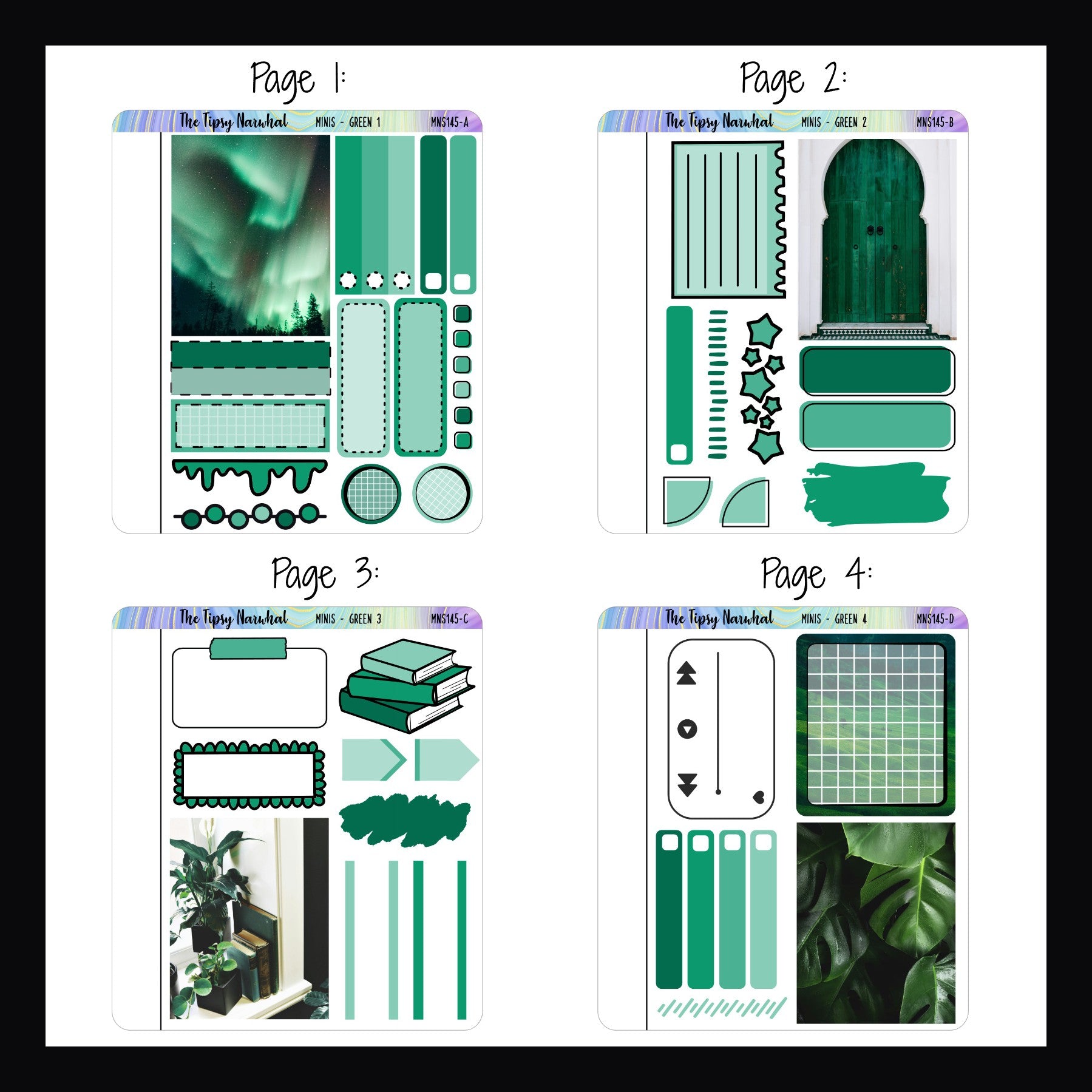 Green Freestyle Minis pages 1-4. Each quarter sized sticker sheet features a full deco box and a selection of functional green stickers. 