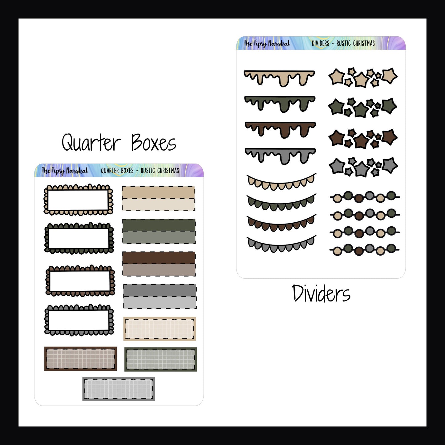 Rustic Christmas Kit Matching Functionals quarter boxes and divider sheets.  The Quarter Boxes sheet features 12 quarter boxes in 3 different styles.  The divider sheet features 16 divider stickers in 4 different styles. 