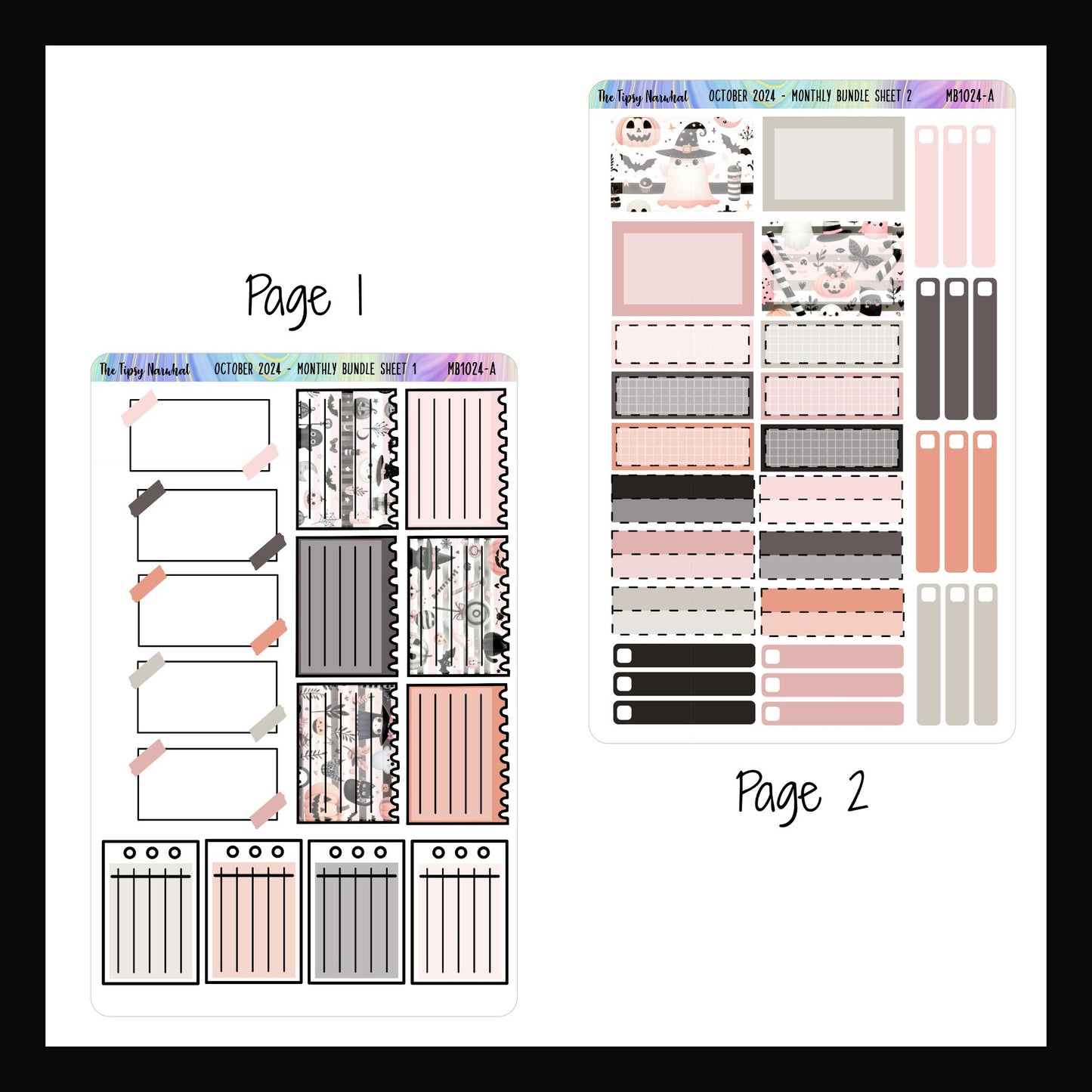 October 2024 monthly bundle pages 1 and 2.  Page 1 consists of various notes stickers.  Page 2 features half boxes, quarter boxes, and skinny check boxes. 
