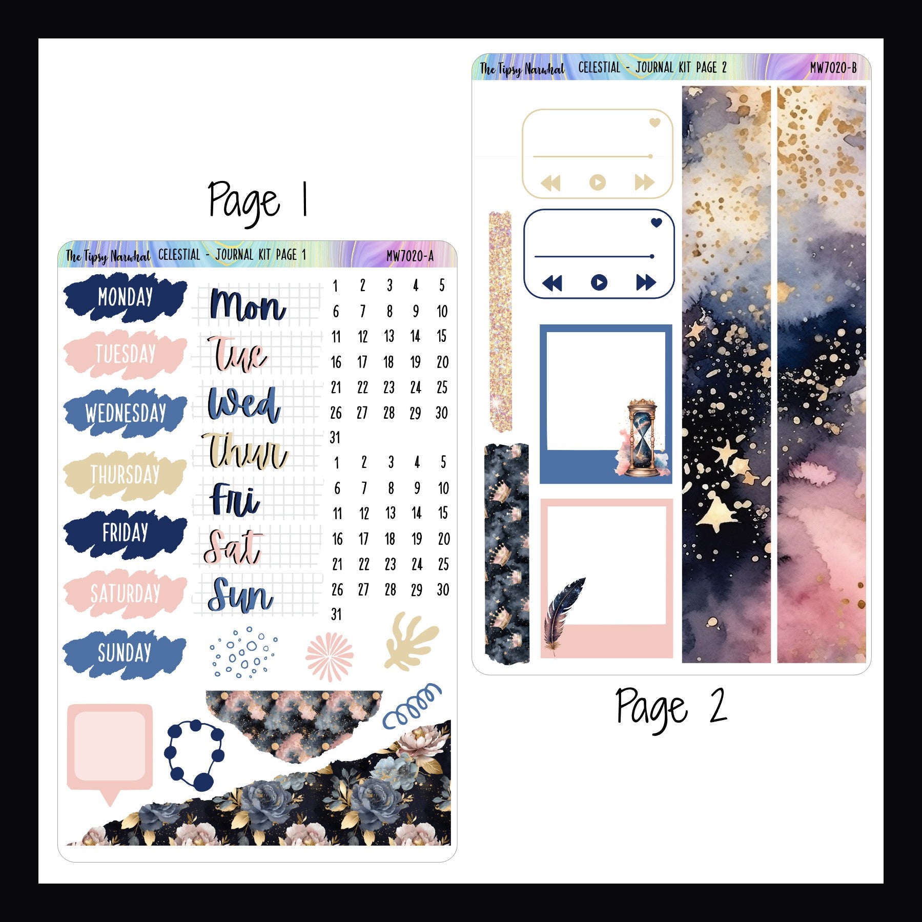 Celestial Journal Kit pages 1 and 2 on white background. Page 1 features date covers, some scribble style stickers and stickers with a torn appearance. Page 2 features washi, playlist, and photo frame stickers. 