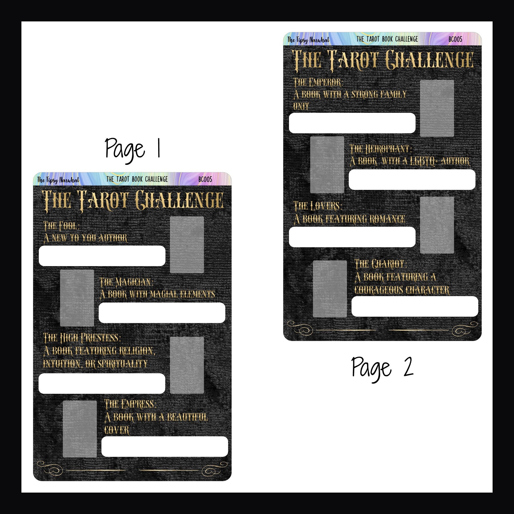 The Tarot Book Challenge pages 1 and 2.  Page  1 covers the fool, the magician, the high priestess, and the empress.  Page 2 covers the emperor, the hierophant, the lovers and the chariot. 