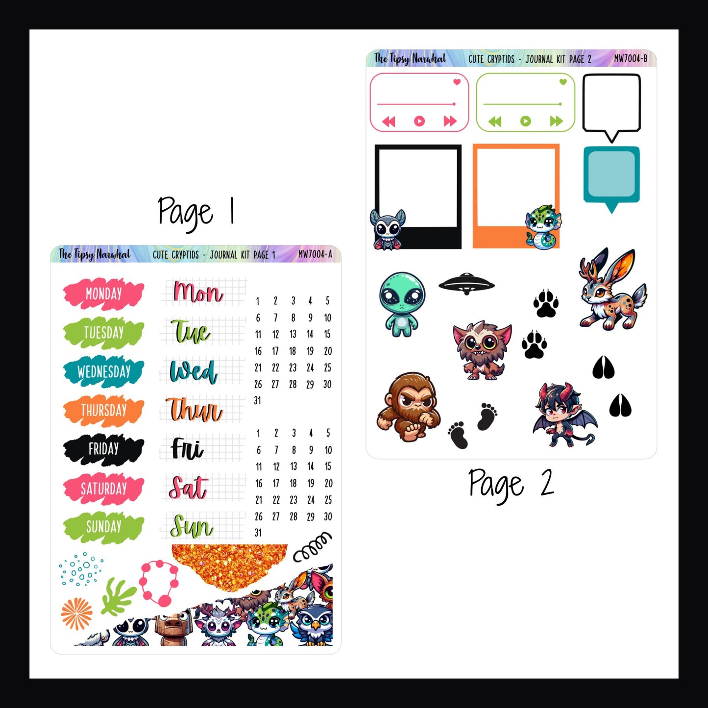 Cute Cryptids Journal Kit Pages 1 and 2.  Page 1 features date covers, some scribble stickers and stickers with a torn silhouette. Page 2 features playlist stickers, photo frame stickers, and several decor stickers. 