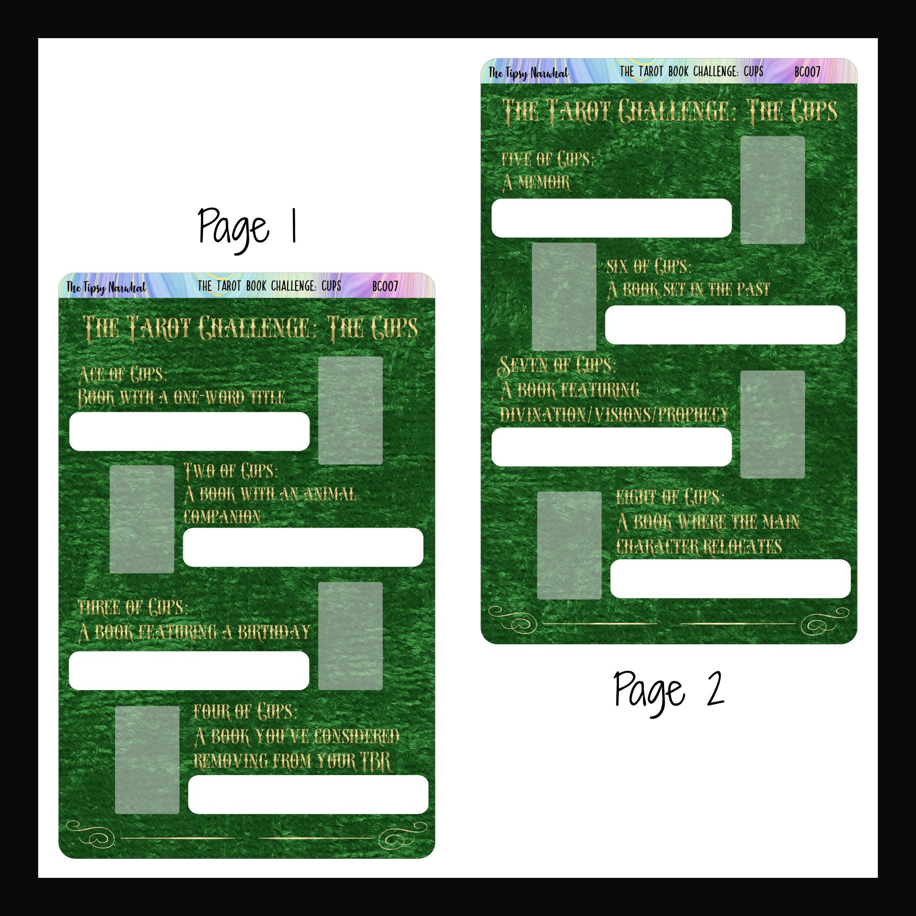 The Tarot Book Challenge: Cups pages 1 & 2.  Both pages feature 4 prompts, space to write in the book info as well as a spot to place the corresponding card sticker when the book is complete. 