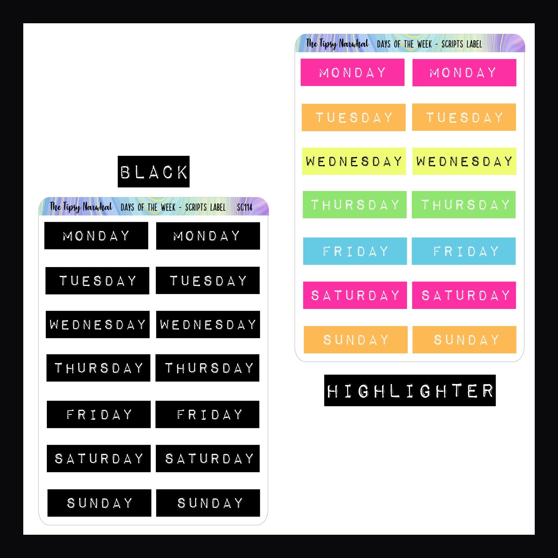 Days of the Week Embossed Label - Script Stickers