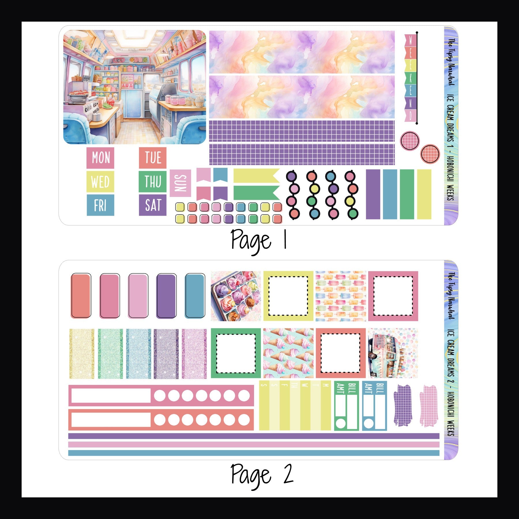 Ice Cream Dreams Hobonichi Weeks pages 1 and 2.  Page 1 features a large decor sticker, two sets of washi (large and small), a weekend banner, date covers, headers, checklists, and flag stickers.  Page 2 features square stickers, various appointment sized stickers, weekly sticker, bill due stickers, habit trackers and skinny washi.