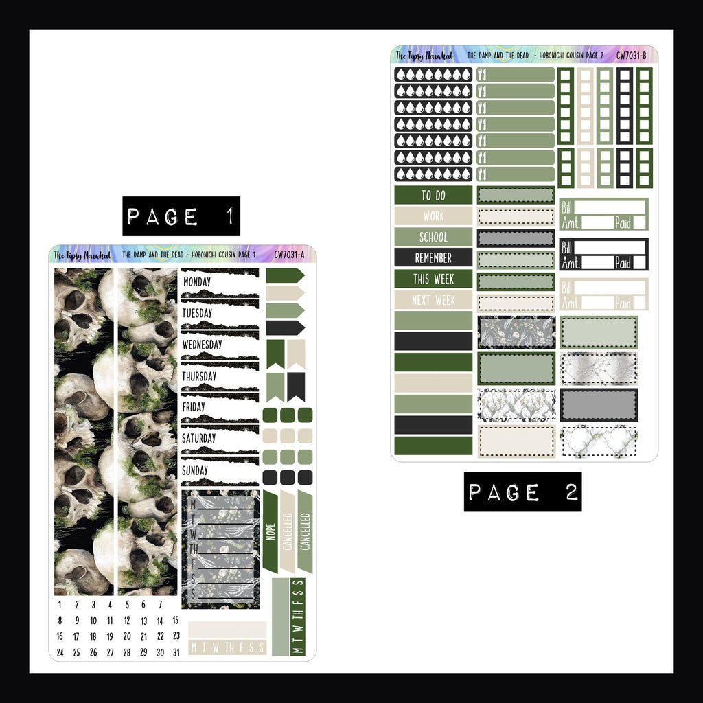The Damp and The Dead Hobonichi Cousin Sticker Kit pages 1 and 2.  Page 1 features washi, date covers and habit trackers.  Page 2 features tracking stickers and quarter boxes.
