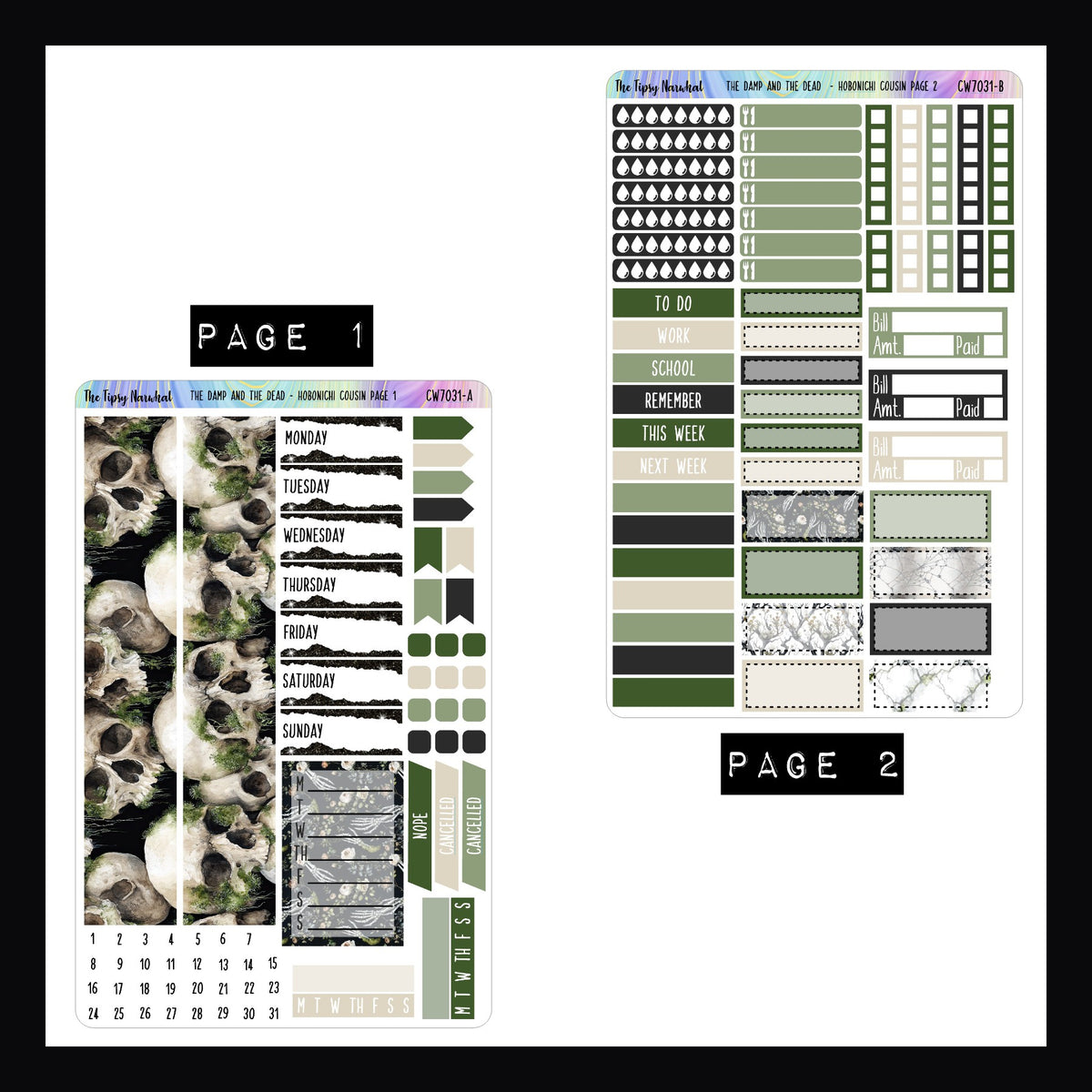 The Damp and The Dead Hobonichi Cousin Sticker Kit pages 1 and 2.  Page 1 features washi, date covers and habit trackers.  Page 2 features tracking stickers and quarter boxes.