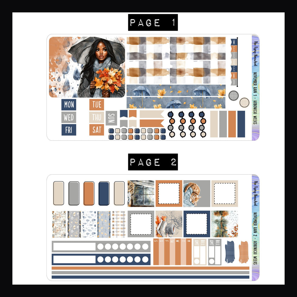 November Rain Hobonichi Weeks Sticker Kit pages 1 and 2.  Page 1 features a large decor sticker and wash strips.  Page 2 features functional boxes, tracking and additional skinny washi stickers.