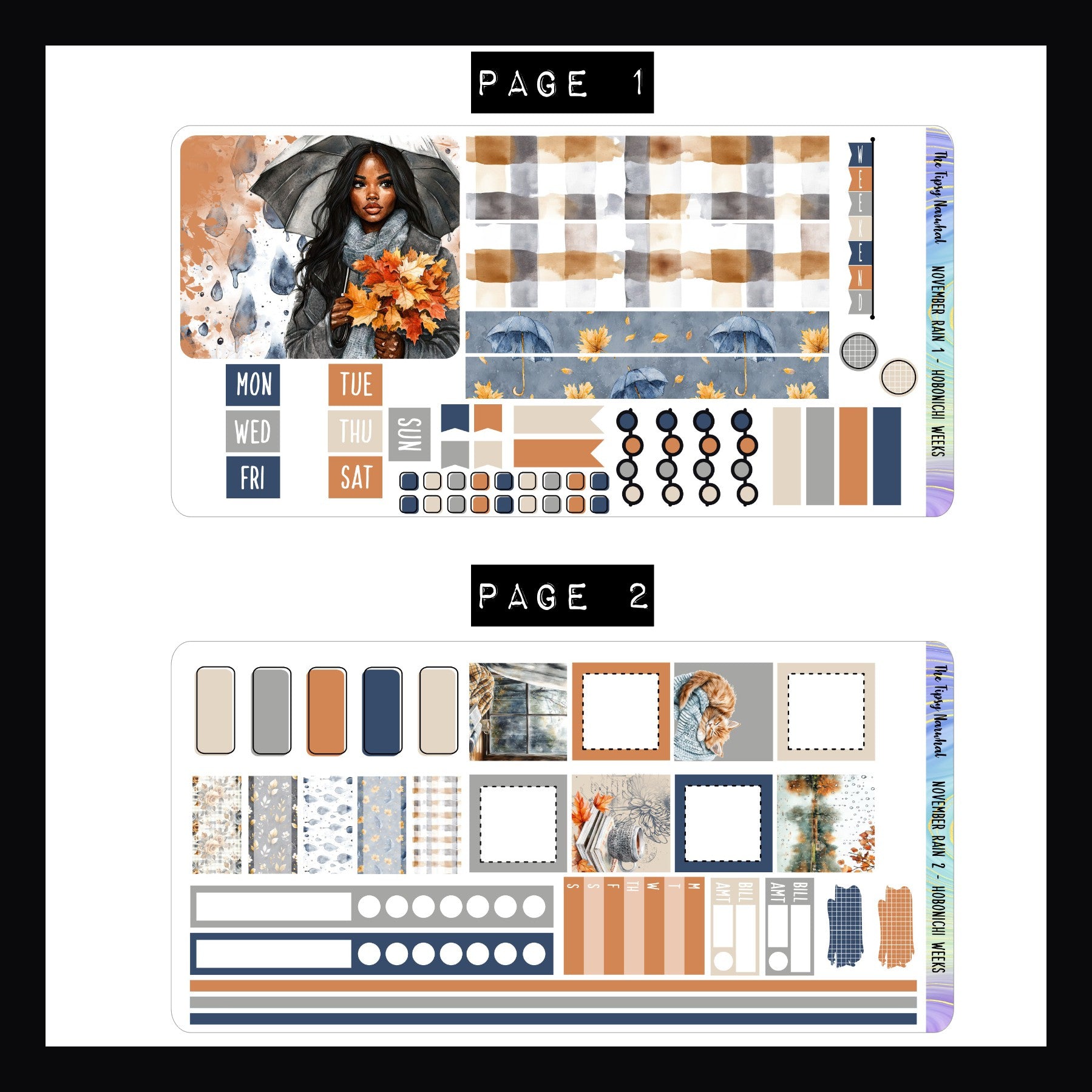 November Rain Hobonichi Weeks Sticker Kit pages 1 and 2.  Page 1 features a large decor sticker and wash strips.  Page 2 features functional boxes, tracking and additional skinny washi stickers.