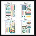 The Aloha Freestyle Minis pages 1-4.  Each of these 4 quarter sized sticker sheets feature a full sized decor boxes, functional boxes for appointments and your choice of either decorative elements or additional functional elements.
