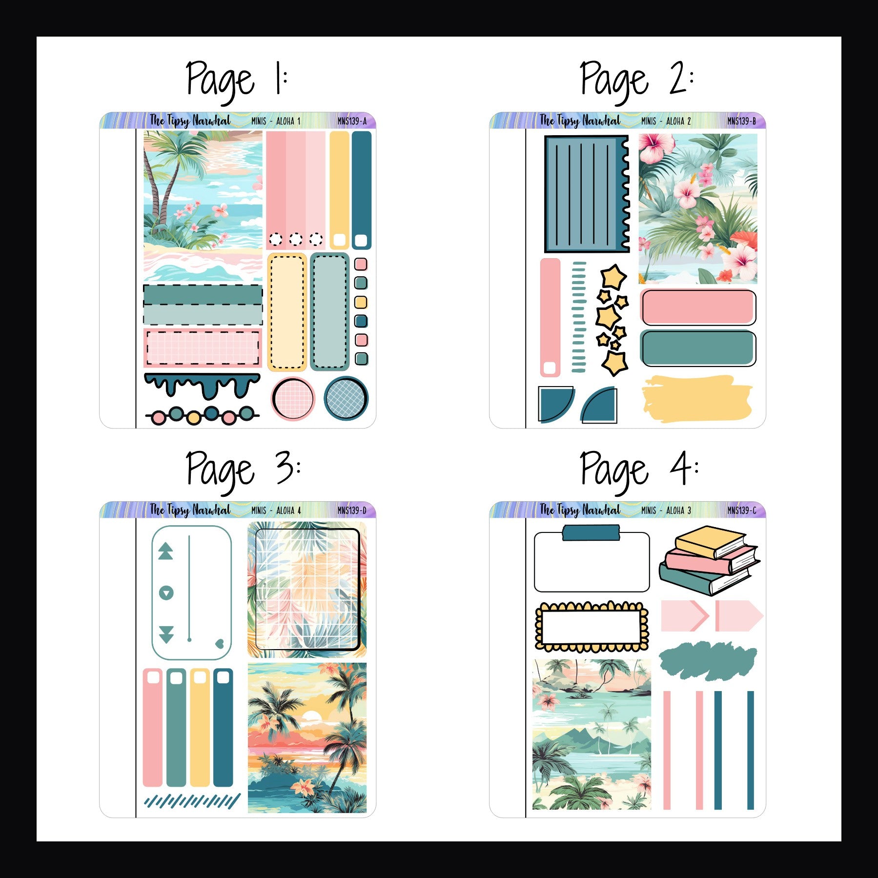 The Aloha Freestyle Minis pages 1-4.  Each of these 4 quarter sized sticker sheets feature a full sized decor boxes, functional boxes for appointments and your choice of either decorative elements or additional functional elements.