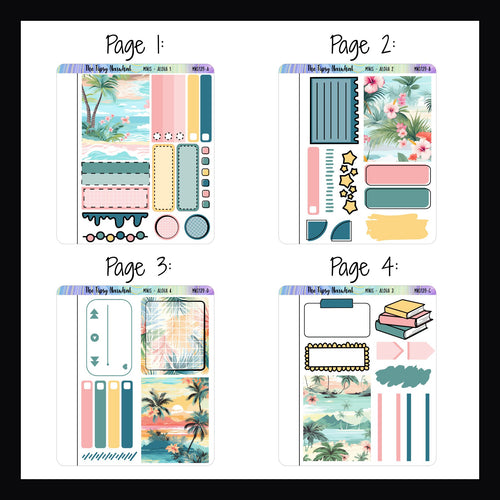 The Aloha Freestyle Minis pages 1-4.  Each of these 4 quarter sized sticker sheets feature a full sized decor boxes, functional boxes for appointments and your choice of either decorative elements or additional functional elements.
