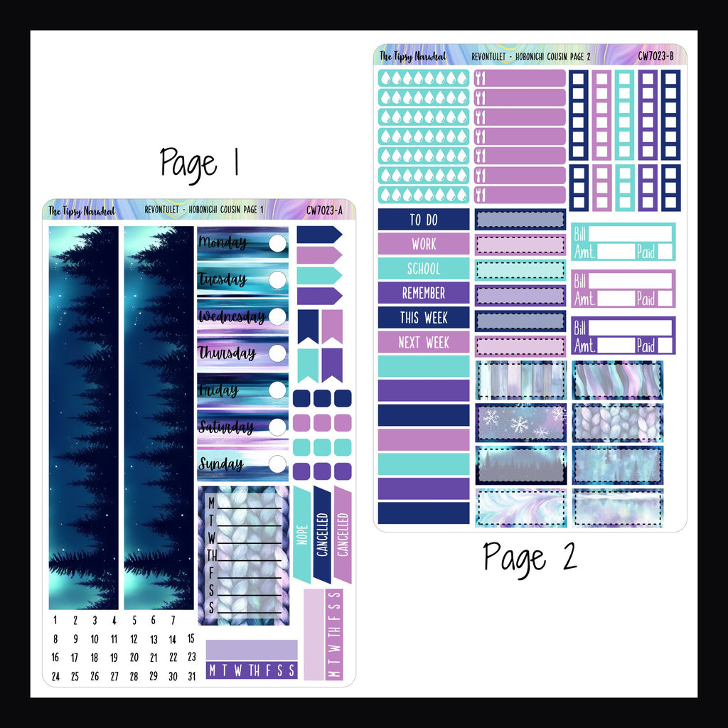 Revontulet Hobonichi Cousin Kit Pages 1 and 2 shown on a white background.
