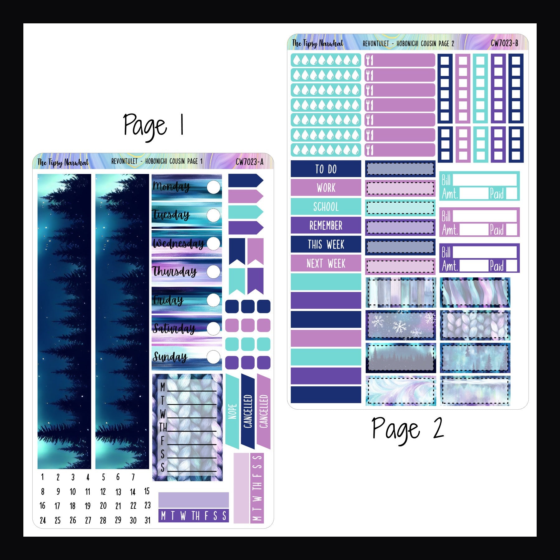 Revontulet Hobonichi Cousin Kit Pages 1 and 2 shown on a white background.