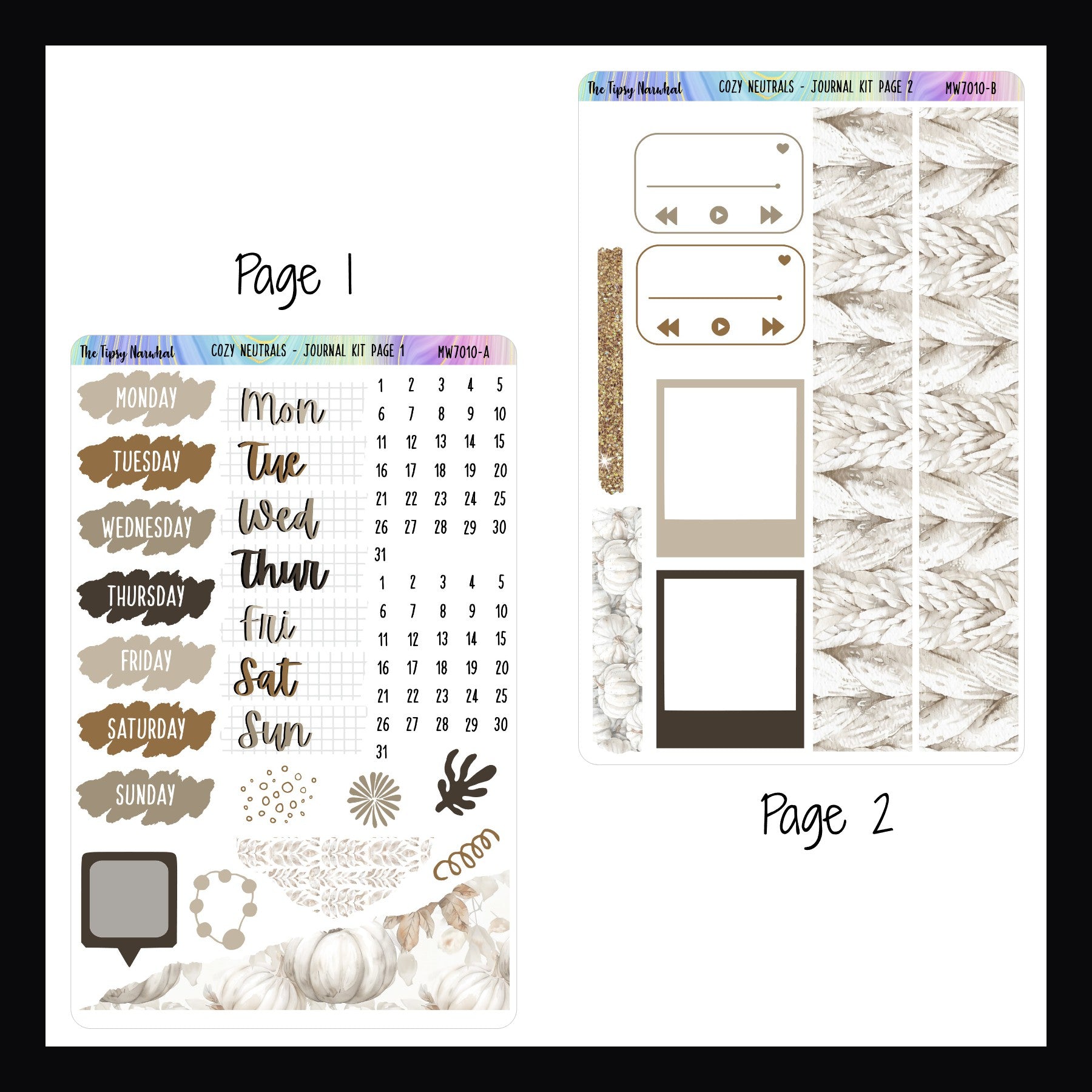 Cozy Neutrals Journal Kit pages 1 and 2.  Page 1 features two sets of date covers, some scribble stickers and some ripped style stickers.  Page 2 features full size washi strips, photo frame stickers, playlist stickers as well as two smaller washi strips. 
