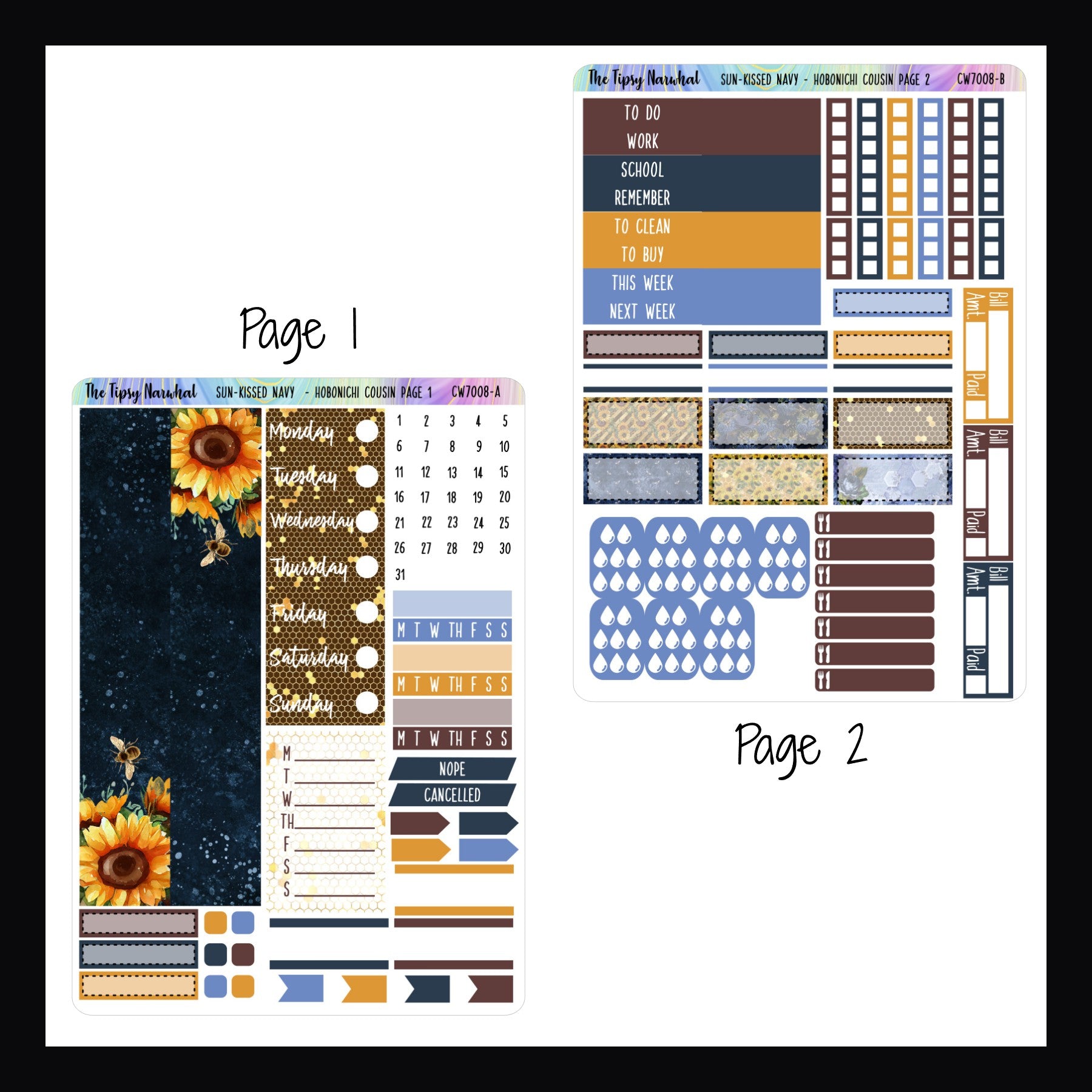 Sun-Kissed Navy Hobonichi Cousin Kit pages 1 and 2.  Page 1 features washi, date covers, weekly sticker, habit trackers, page flags and some appointment stickers.  Page 2 features headers, checklists, appointment stickers, bill tracking, water tracking and meal tracking stickers.