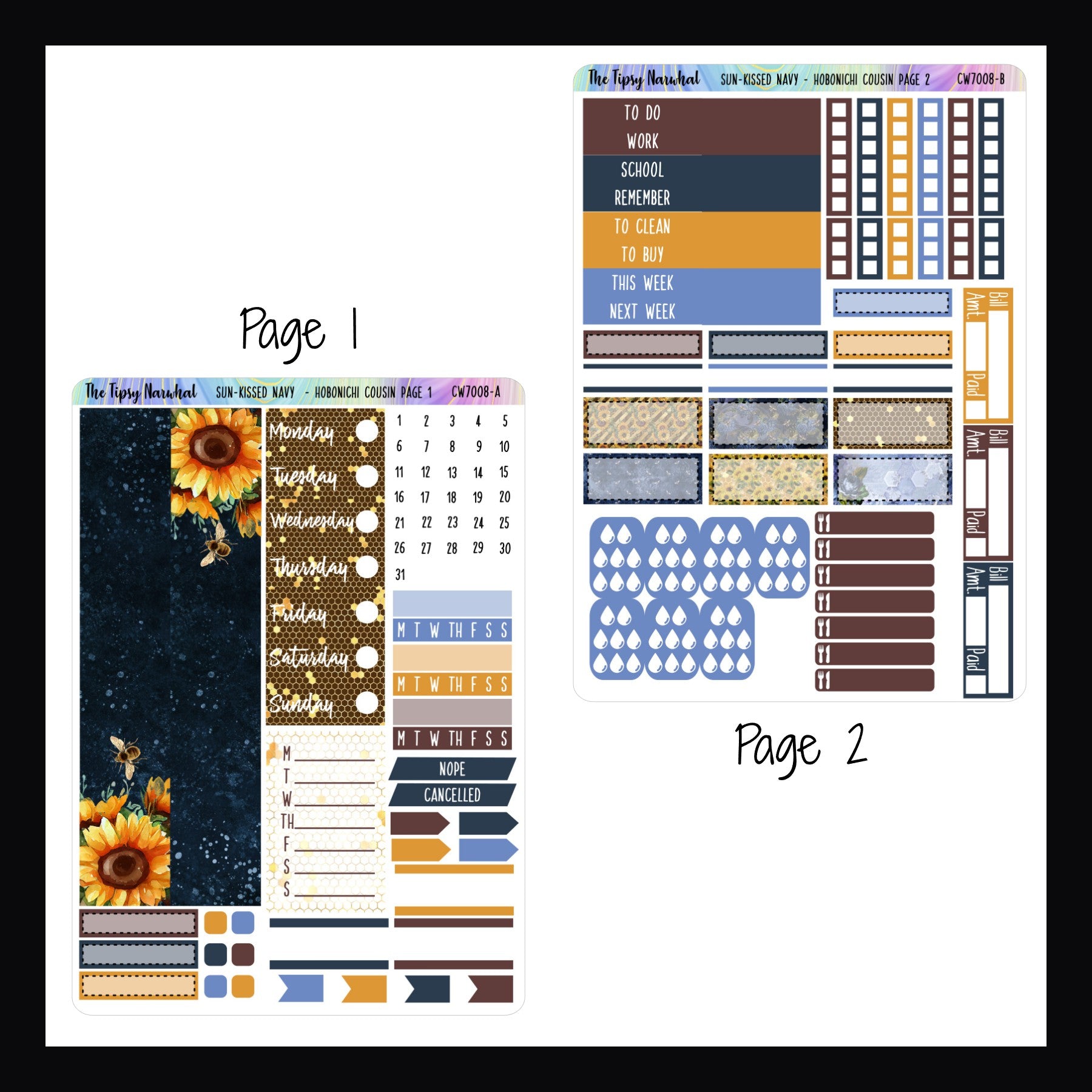 Sun-Kissed Navy Hobonichi Cousin Kit pages 1 and 2.  Page 1 features washi, date covers, weekly sticker, habit trackers, page flags and some appointment stickers.  Page 2 features headers, checklists, appointment stickers, bill tracking, water tracking and meal tracking stickers. 