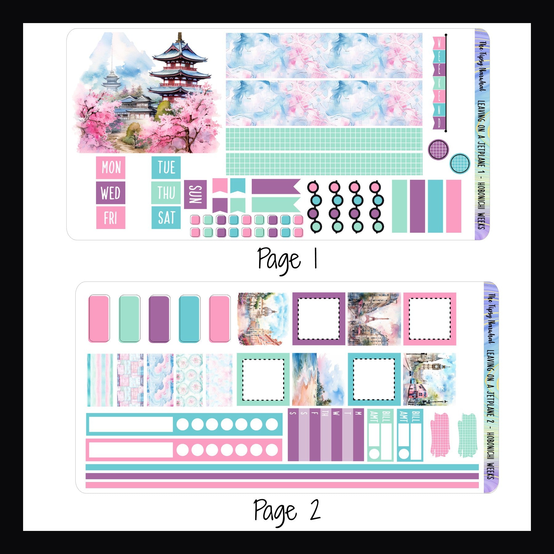 Leaving on a Jet Plane Hobonichi Weeks Kit pages 1 and 2. Page 1 features a large format sticker, two sizes of washi, a weekend banner, date covers, headers, checklists, and flag stickers.  Page 2 features square box stickers, appointment stickers, habit trackers, bill tracking, a full week sticker and skinny washi. 