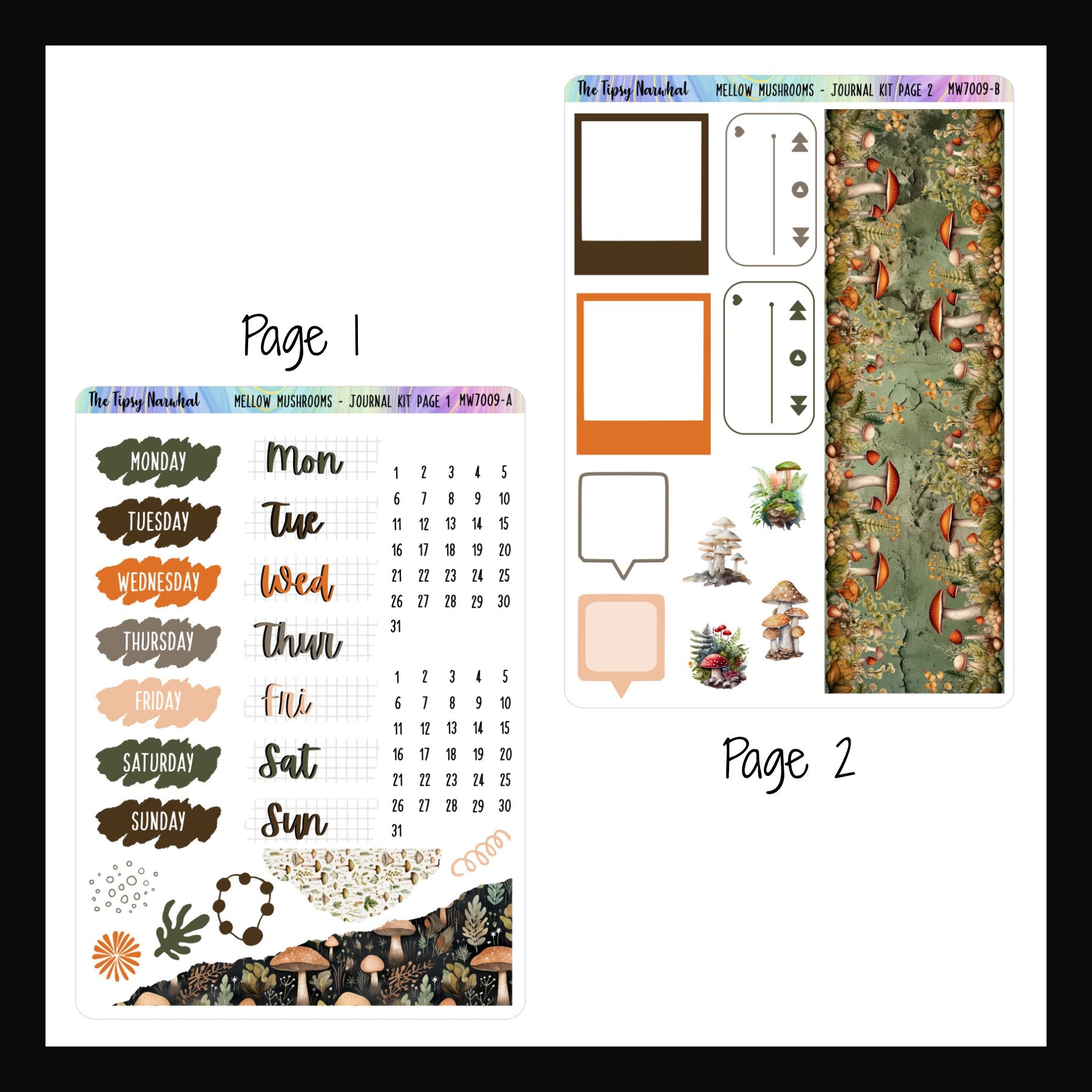 Digital Mellow Mushrooms Journal Kit Pages 1 and 2.  Page 1 features date covers, doodle stickers and stickers with a ripped edge appearance.  Page 2 features washi, photo frame, playlist, speech bubbles and mushroom decor.