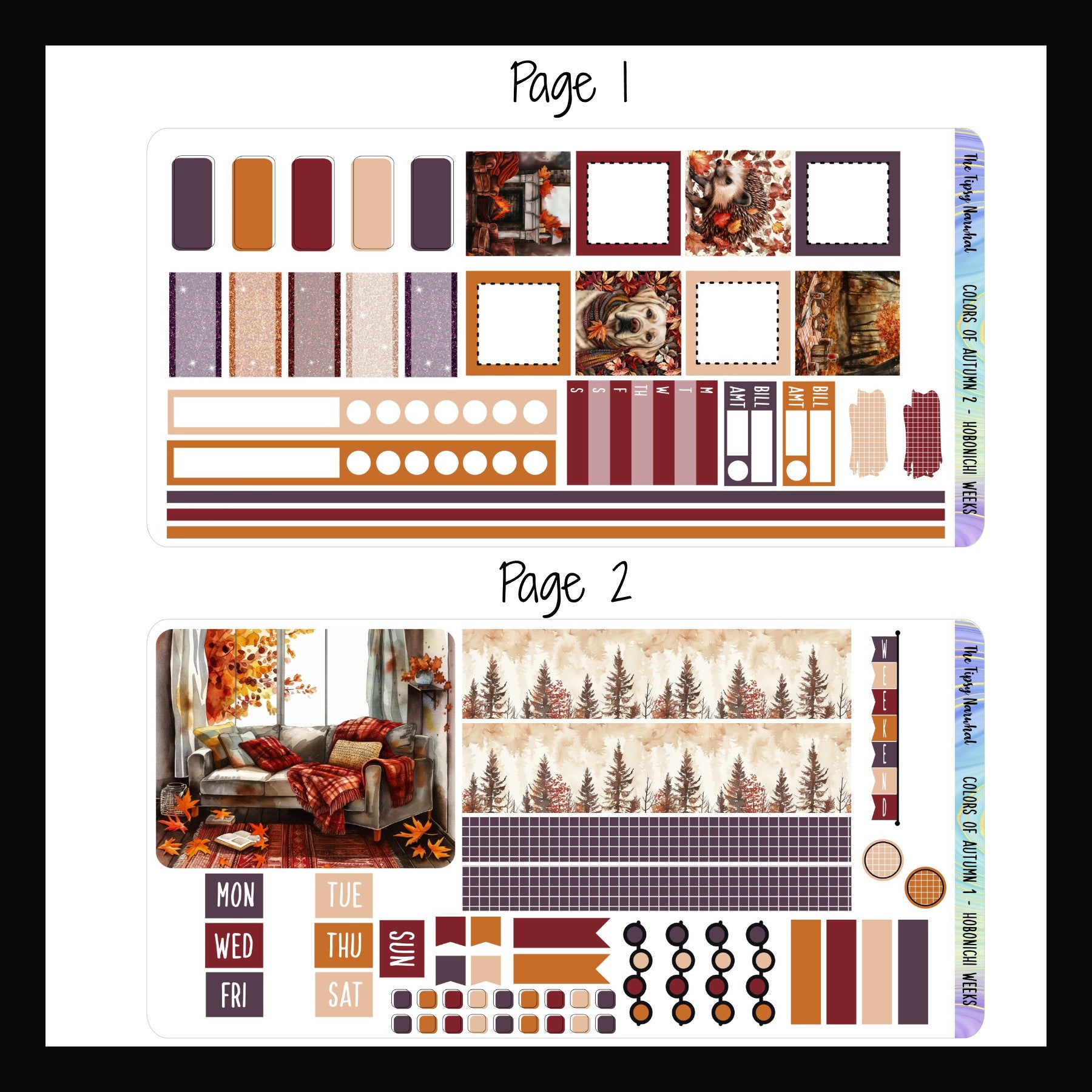 Colors of Autumn Hobonichi Weeks Kit Pages 1 and 2.  Page 1 features washi strips, a large deco box, date covers, weekend banner, headers and check list stickers.  Page 2 features box decor , habit trackers, weekly sticker, bill tracking, appointment stickers and skinny washi.