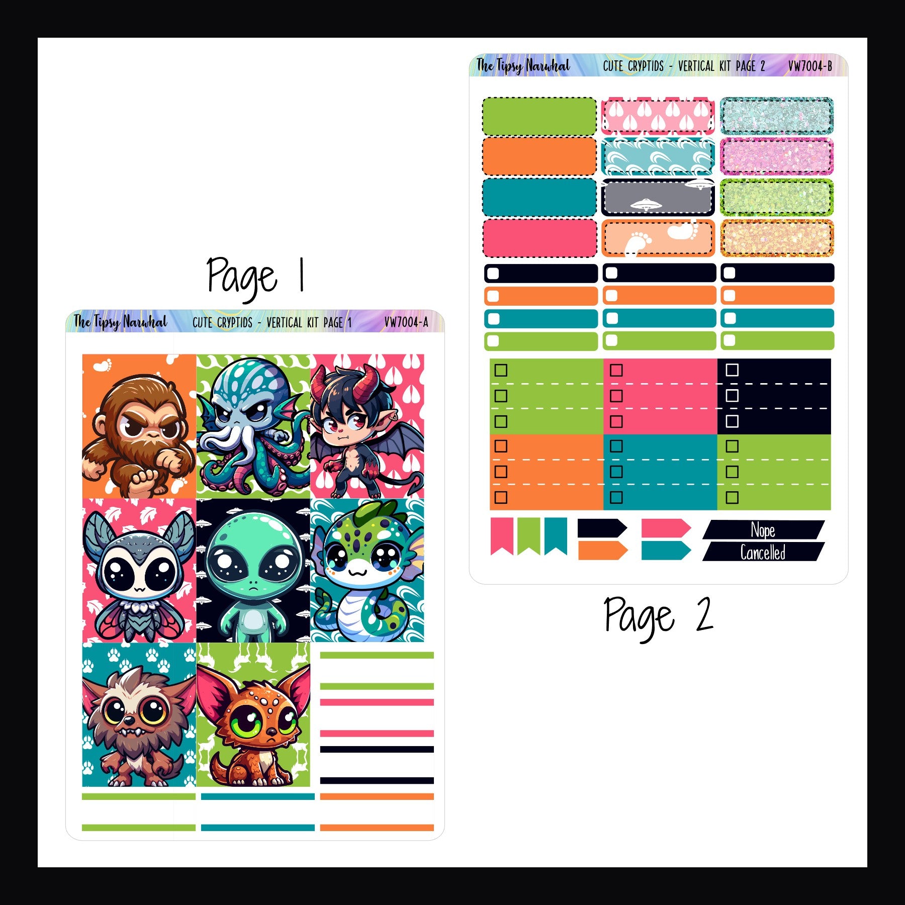 Cute Cryptids Vertical Weekly Kit Pages 1 and 2.  Page 1 features full sized deco boxes and some appointment stickers.  Page 2 features quarter boxes, 3 point checklists, skinny box stickers and page flags. 