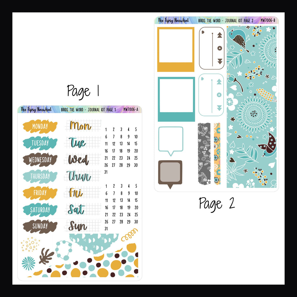 Digital Birds the Word Journal Kit pages 1 and 2.  Page 1 features date covers, scribble stickers and some torn stickers.  Page 2 features washi strips, photo frame stickers, playlist stickers and some speech bubbles. 