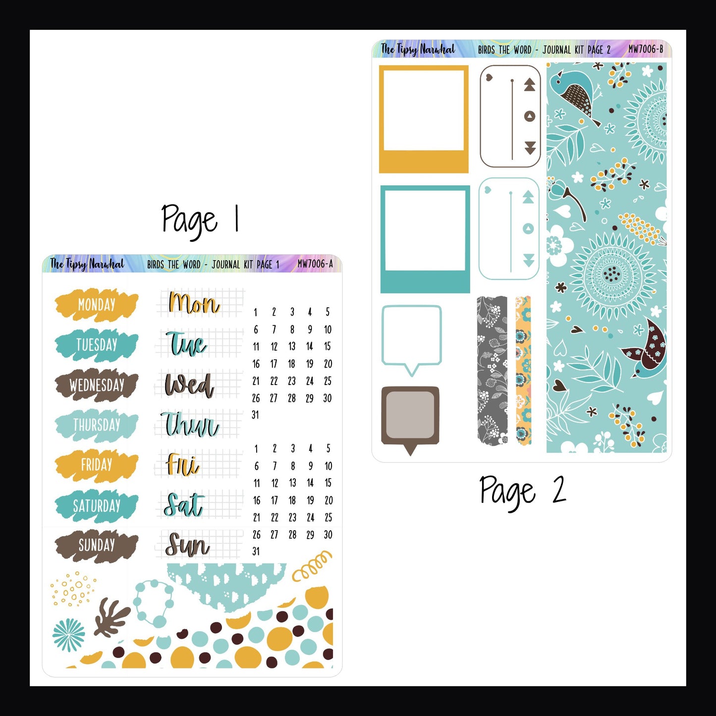 Birds the Word Journal Kit Pages 1 and 2.  Page 1 features date covers, some scribble stickers and some ripped stickers.  Page 2 features washi, playlist stickers, photo frames and speech bubble stickers. 