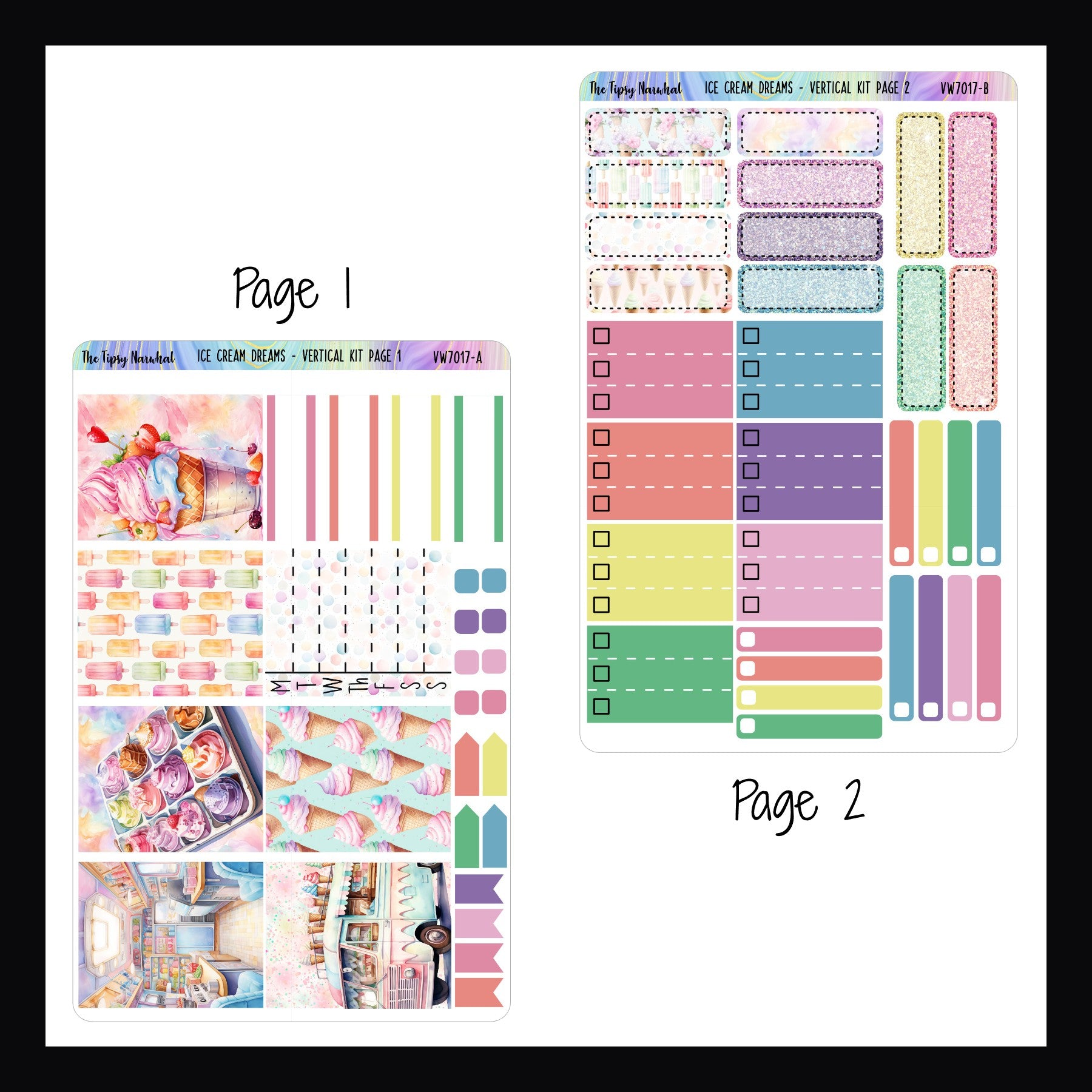 Ice Cream Dreams Vertical Weekly Kit Pages 1 and 2.  Page 1 features full box stickers, a weekly sticker, flag stickers, check box stickers and some quarter box stickers.  Page 2 features additional quarter box stickers, top 3 half box stickers, and skinny check box stickers. 