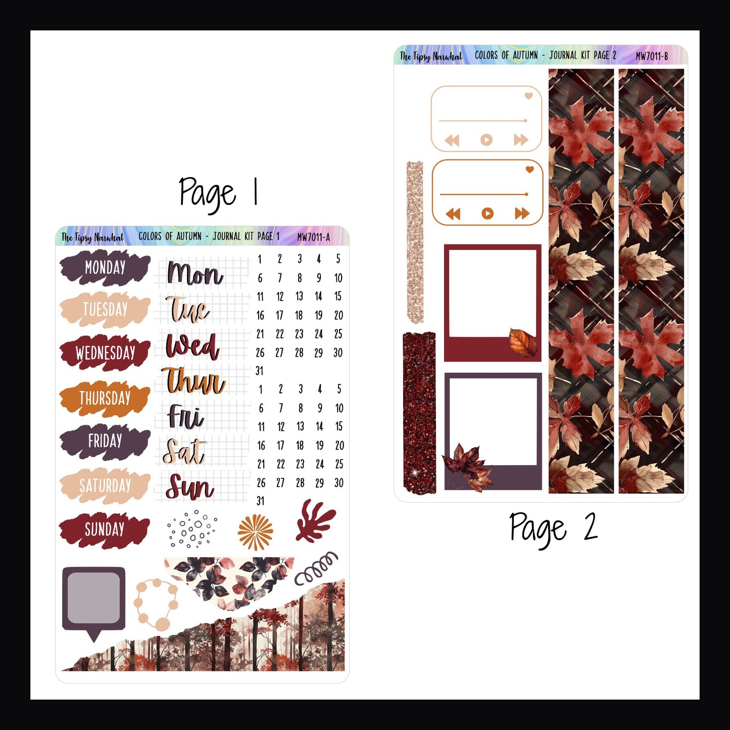 Colors of Autumn Journal Kit pages 1 and 2.  Page 1 features date covers, torn stickers, and some scribble design stickers.  Page 2 features washi strips playlist stickers and two photo frame stickers.