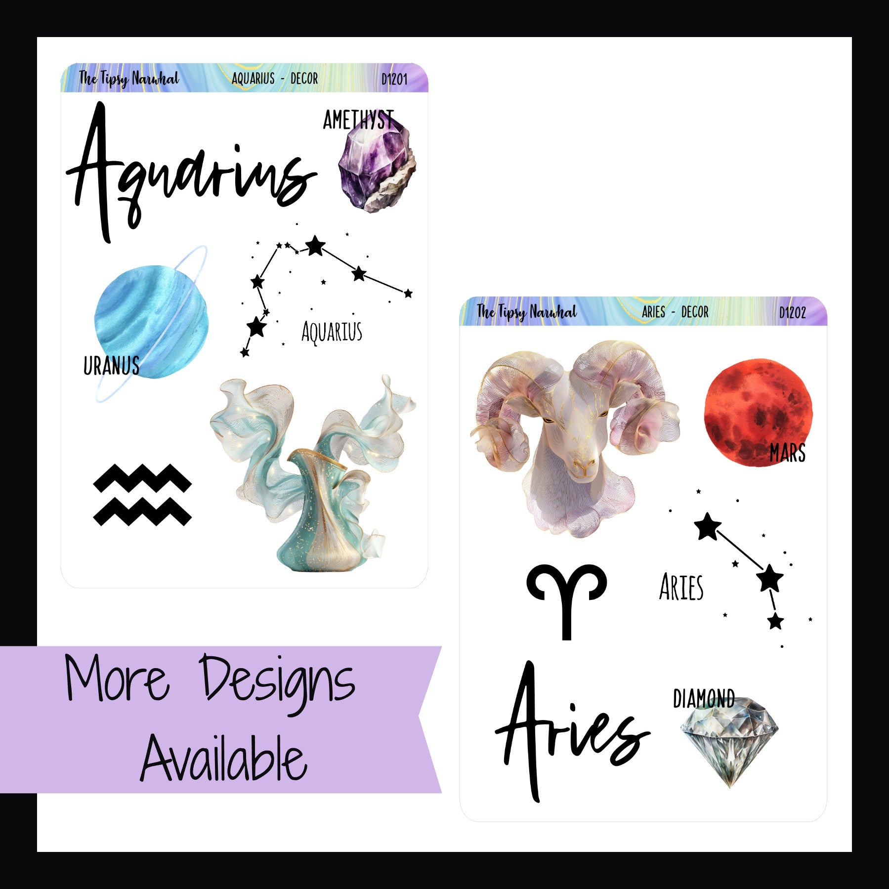 Decorative stickers for Aquarius and Aries with astrological symbols and gemstones.