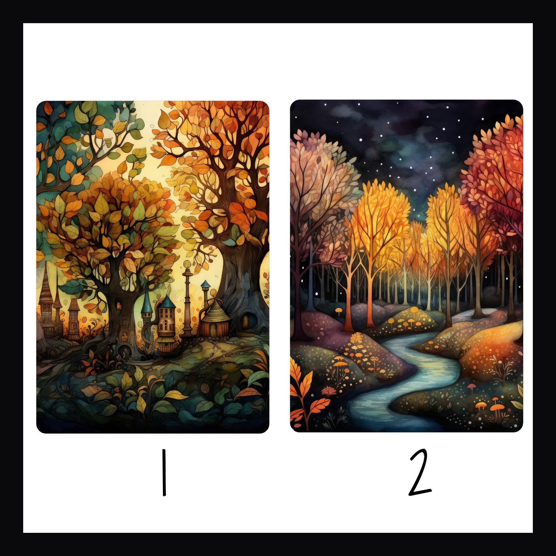 Whimsical Autumn Kindle Inserts Designs 1 and 2 on a white background. 