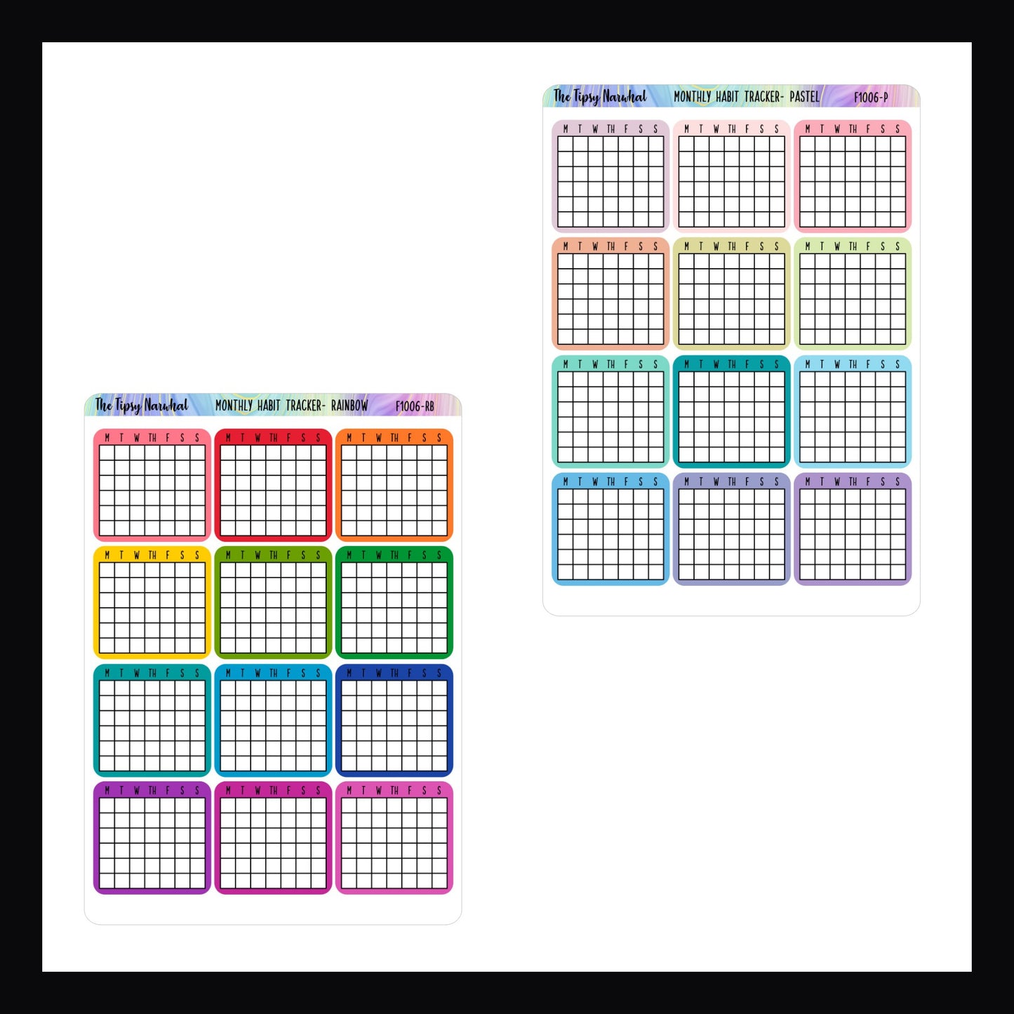 Rainbow monthly habit trackers, pastel monthly habit trackers, 12 stickers each, one month tracking, one habit