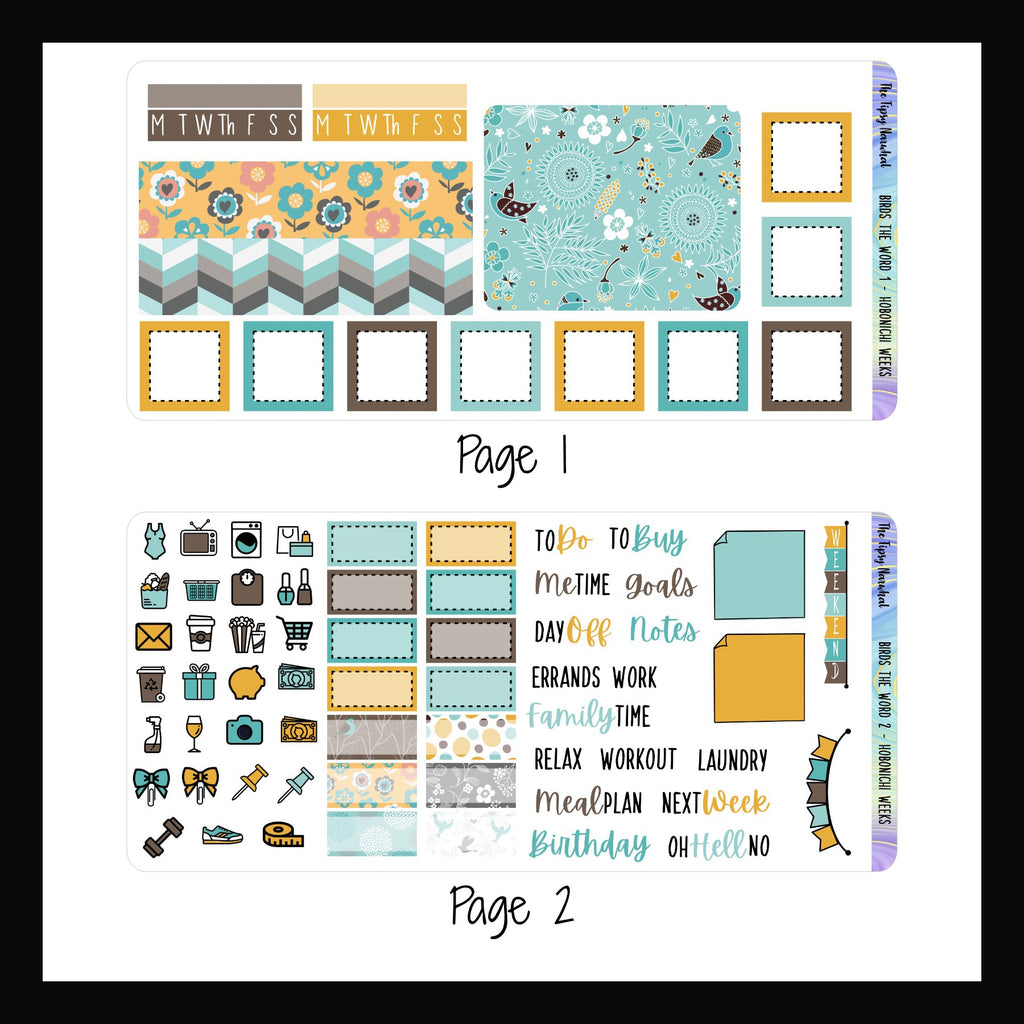 Digital Birds the Word Hobonichi Weeks Kit pages 1 and 2. Page 1 features habit tracker, square stickers, washi strips and a large format sticker. Page 2 features icon stickers, script stickers, appointment stickers and a weekend banner. 