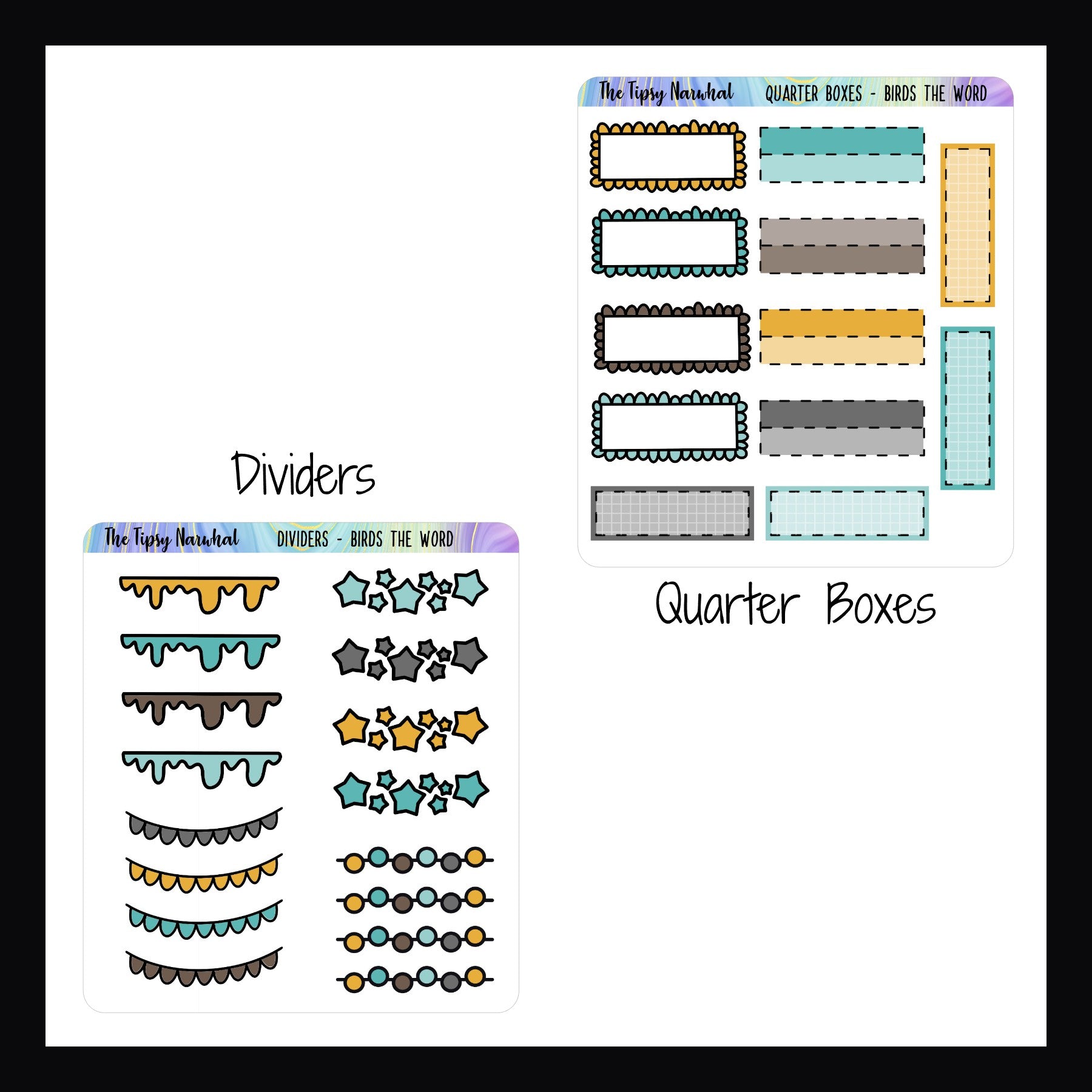 Birds the Word Kit Matching Functionals  Dividers features 4 different styles of divider stickers 4 stickers per style.  Quarter Boxes features a set of 12 stickers in 3 different styles. 